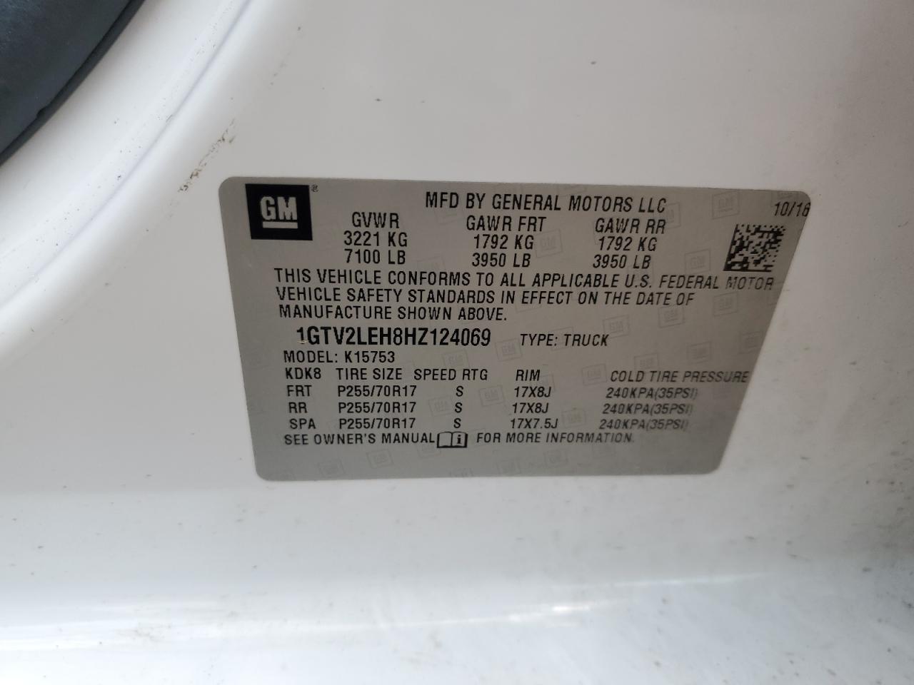 2017 GMC Sierra K1500 VIN: 1GTV2LEH8HZ124069 Lot: 62450125