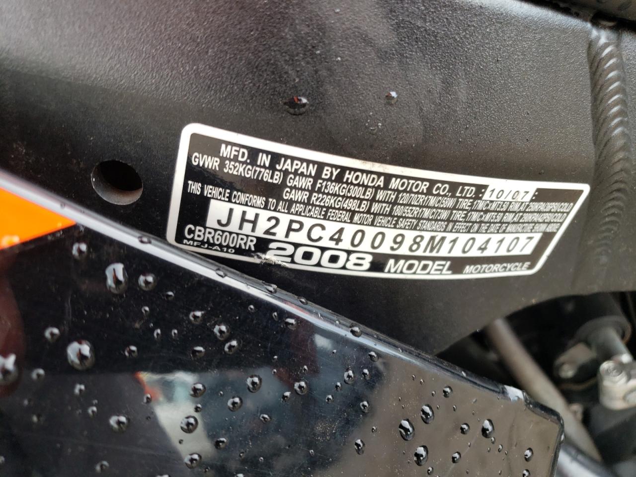 2008 Honda Cbr600 Rr VIN: JH2PC40098M104107 Lot: 63599725