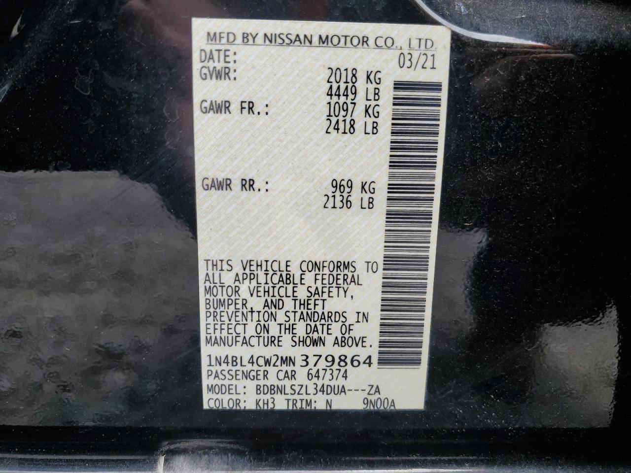 2021 Nissan Altima Sr VIN: 1N4BL4CW2MN379864 Lot: 65098235