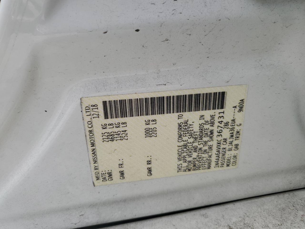 2019 Nissan Maxima S VIN: 1N4AA6AVXKC367431 Lot: 64227375