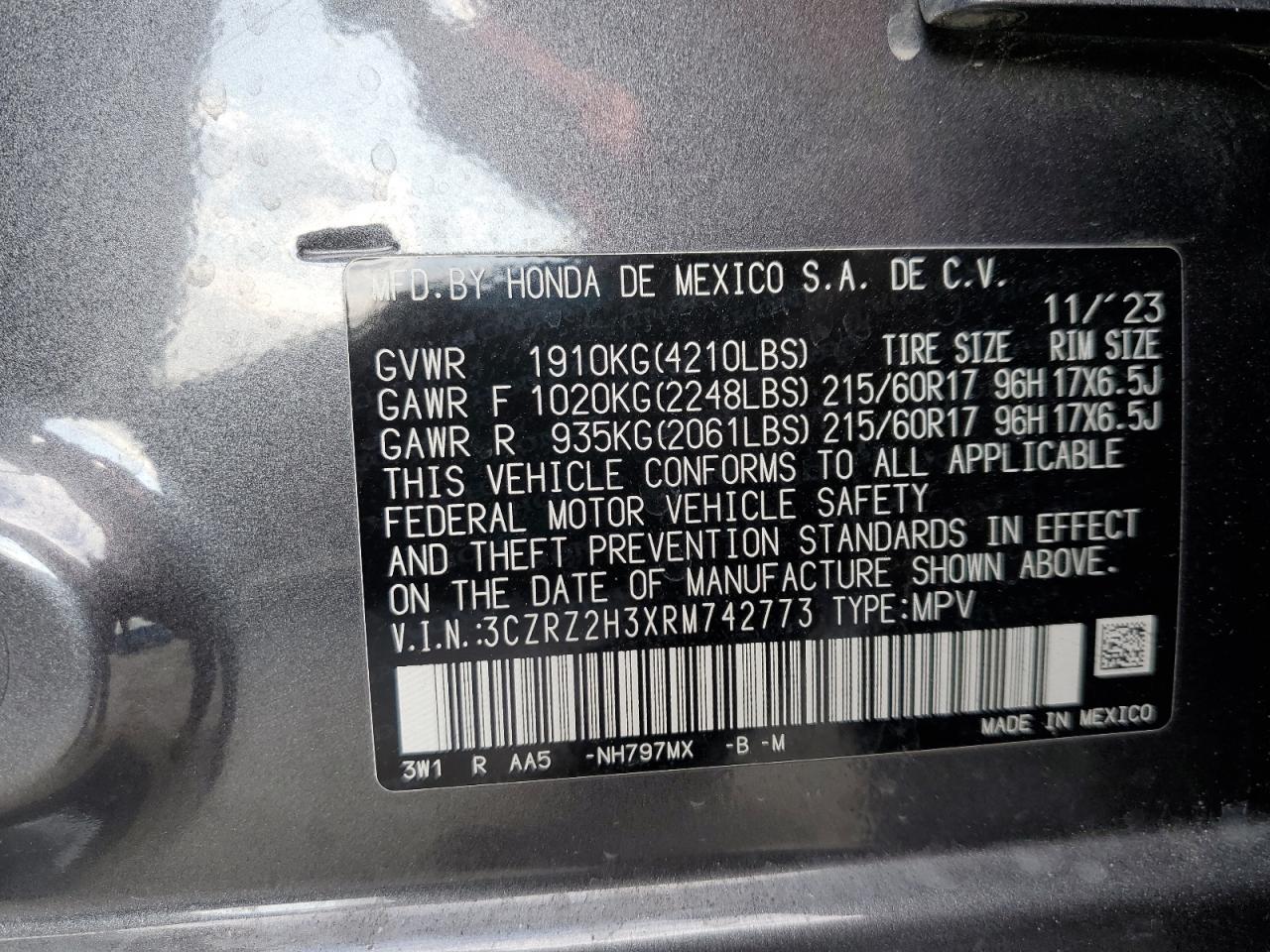2024 Honda Hr-V Lx VIN: 3CZRZ2H3XRM742773 Lot: 65371925
