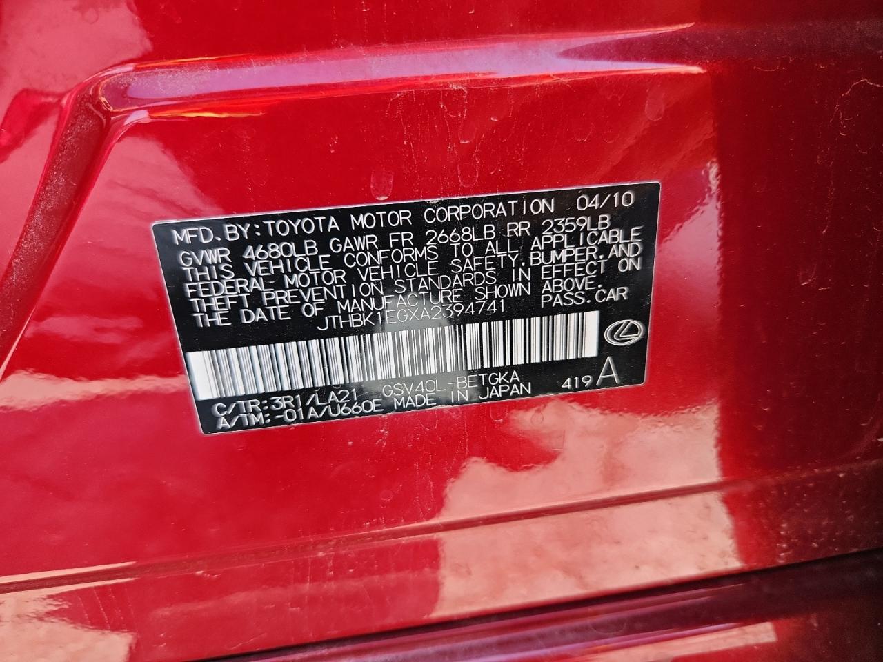 2010 Lexus Es 350 VIN: JTHBK1EGXA2394741 Lot: 64945915