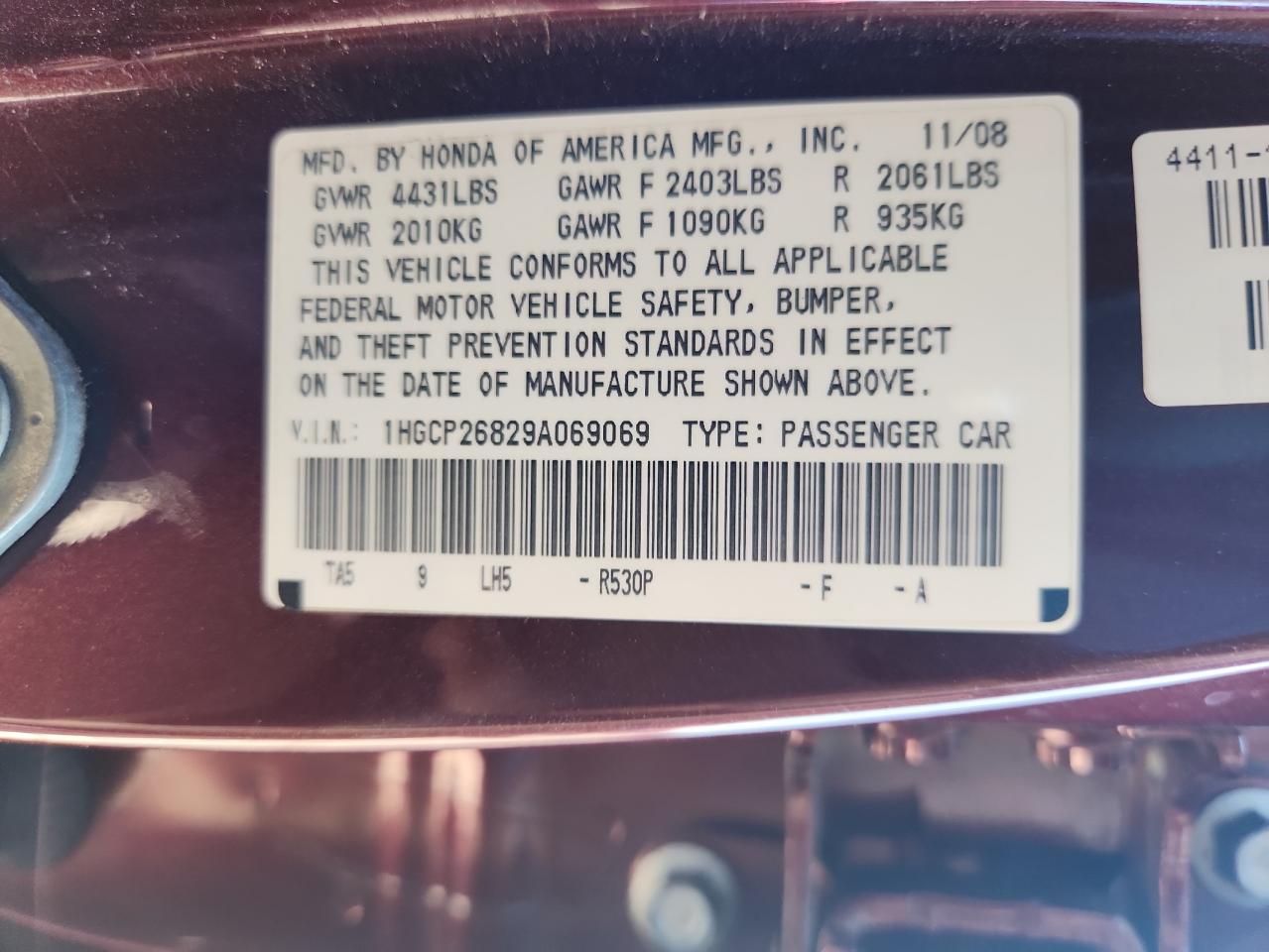 2009 Honda Accord Exl VIN: 1HGCP26829A069069 Lot: 71871705