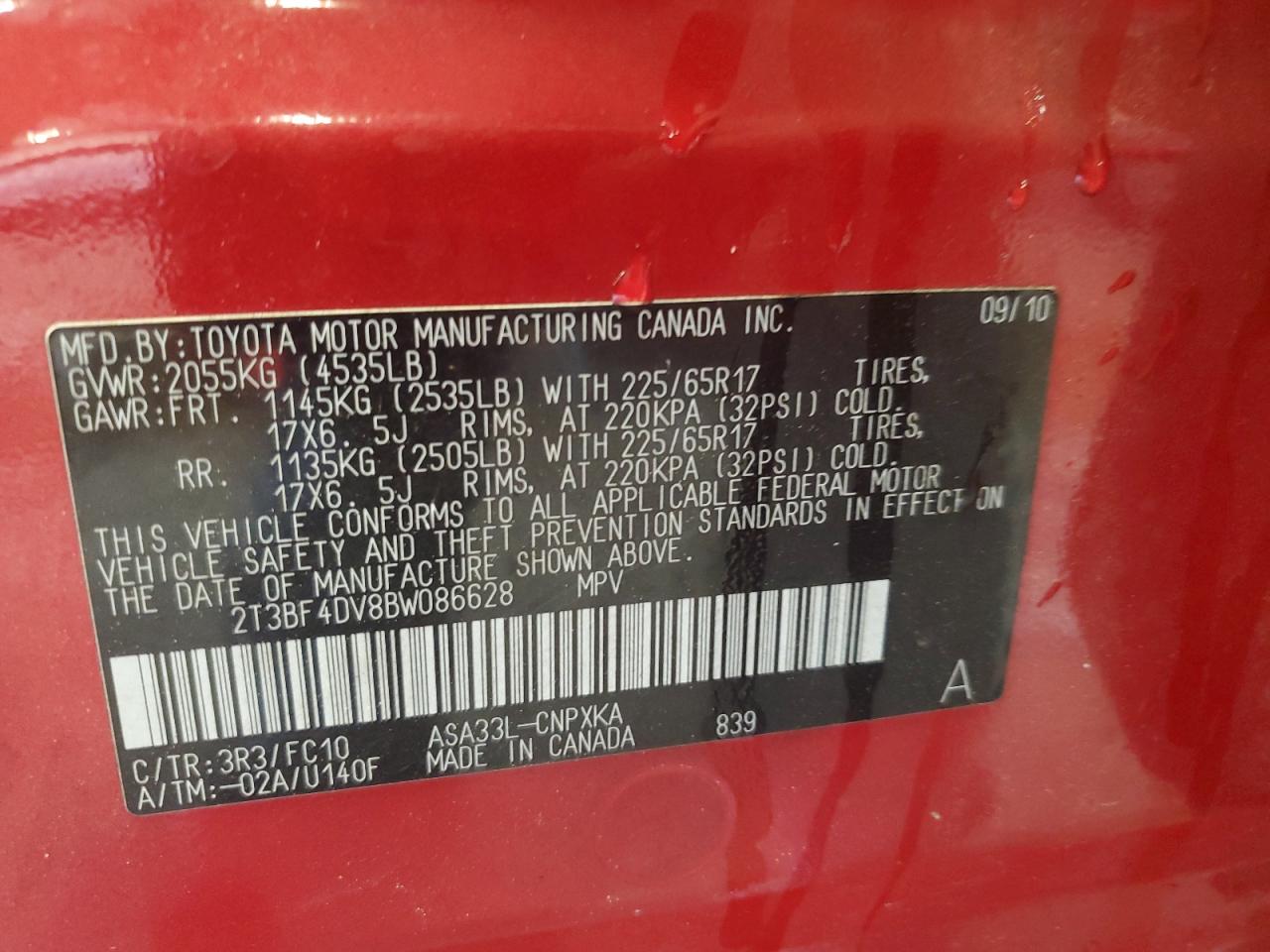 2011 Toyota Rav4 VIN: 2T3BF4DV8BW086628 Lot: 64011875