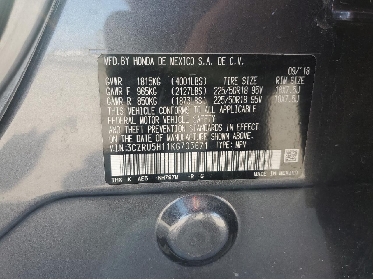2019 Honda Hr-V Sport VIN: 3CZRU5H11KG703671 Lot: 65441895