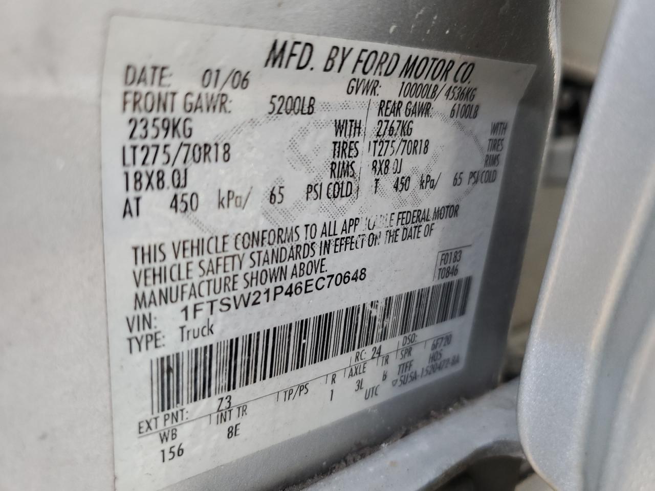 2006 Ford F250 Super Duty VIN: 1FTSW21P46EC70648 Lot: 65358885