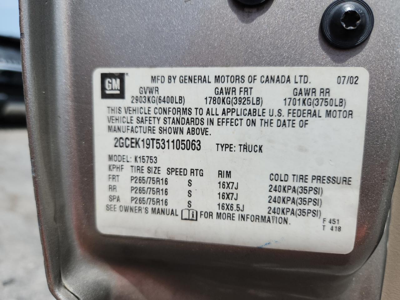 2003 Chevrolet Silverado K1500 VIN: 2GCEK19T531105063 Lot: 65605975