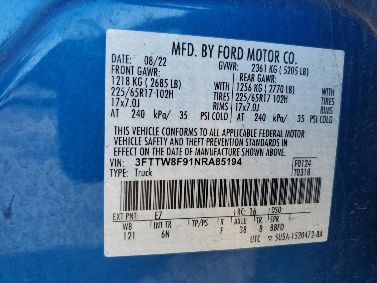 2022 Ford Maverick Xl VIN: 3FTTW8F91NRA85194 Lot: 63607805