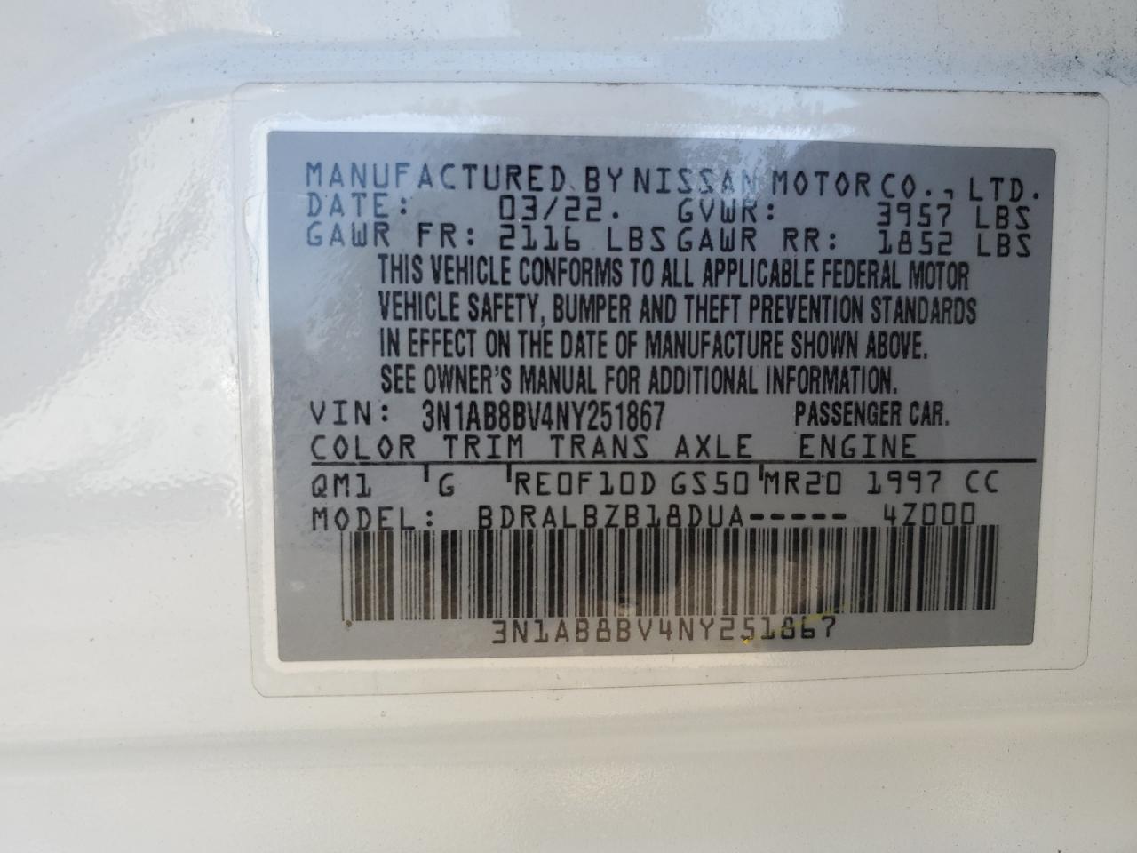 2022 Nissan Sentra S VIN: 3N1AB8BV4NY251867 Lot: 64139535