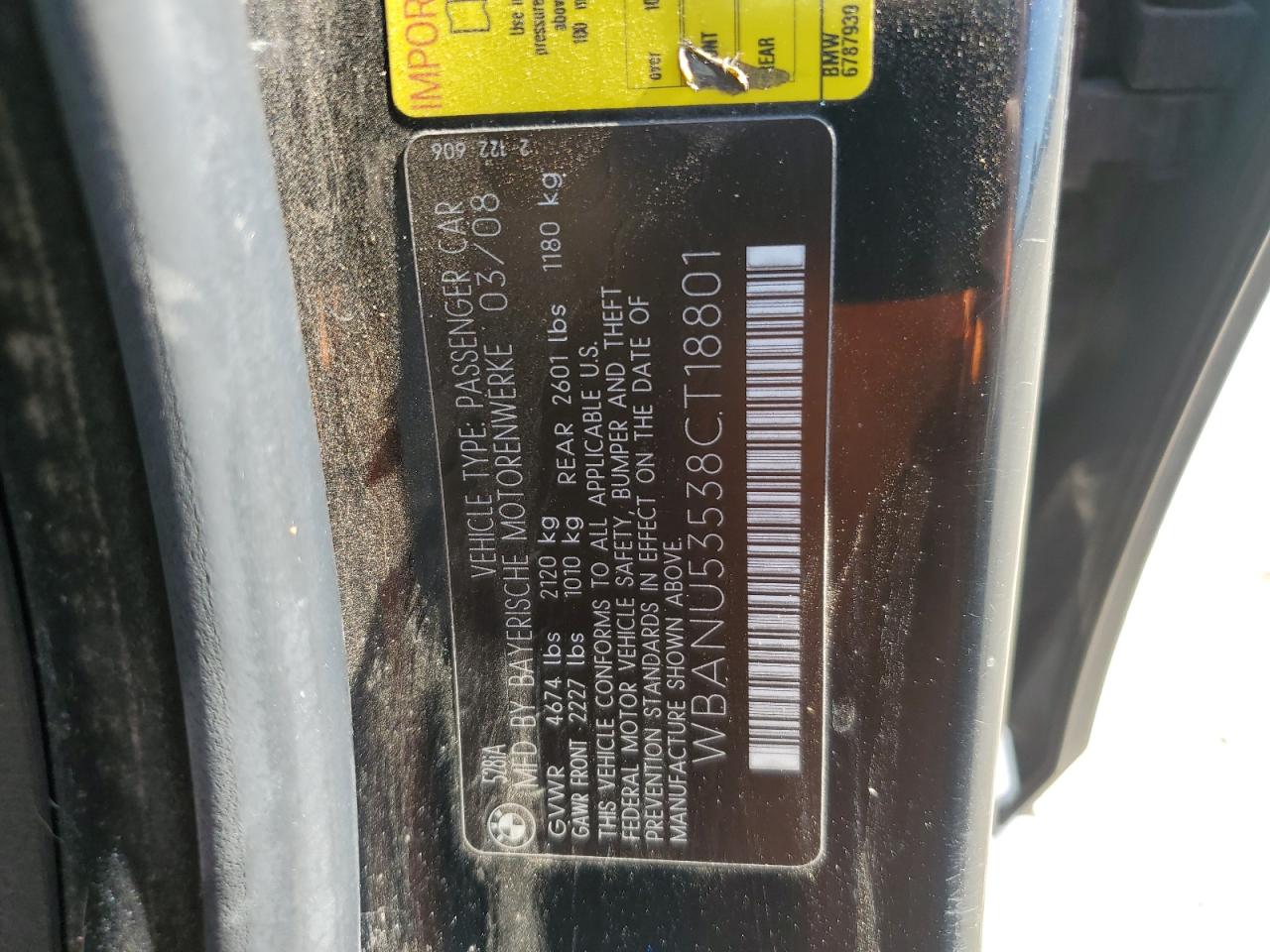 wbanu53538ct18801 WBANU53538CT18801 2008 BMW 528 I