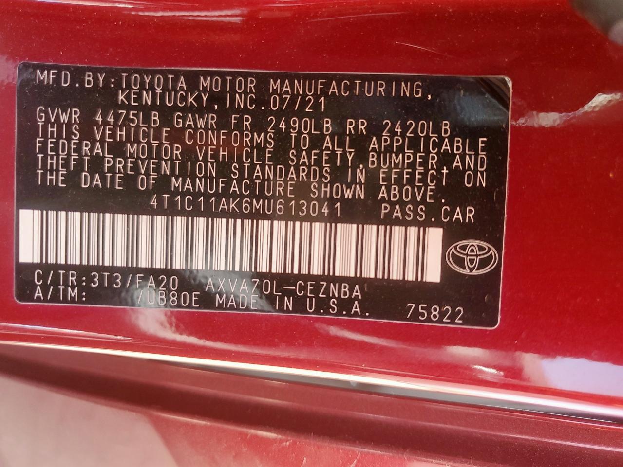 2021 Toyota Camry Le VIN: 4T1C11AK6MU613041 Lot: 63307125