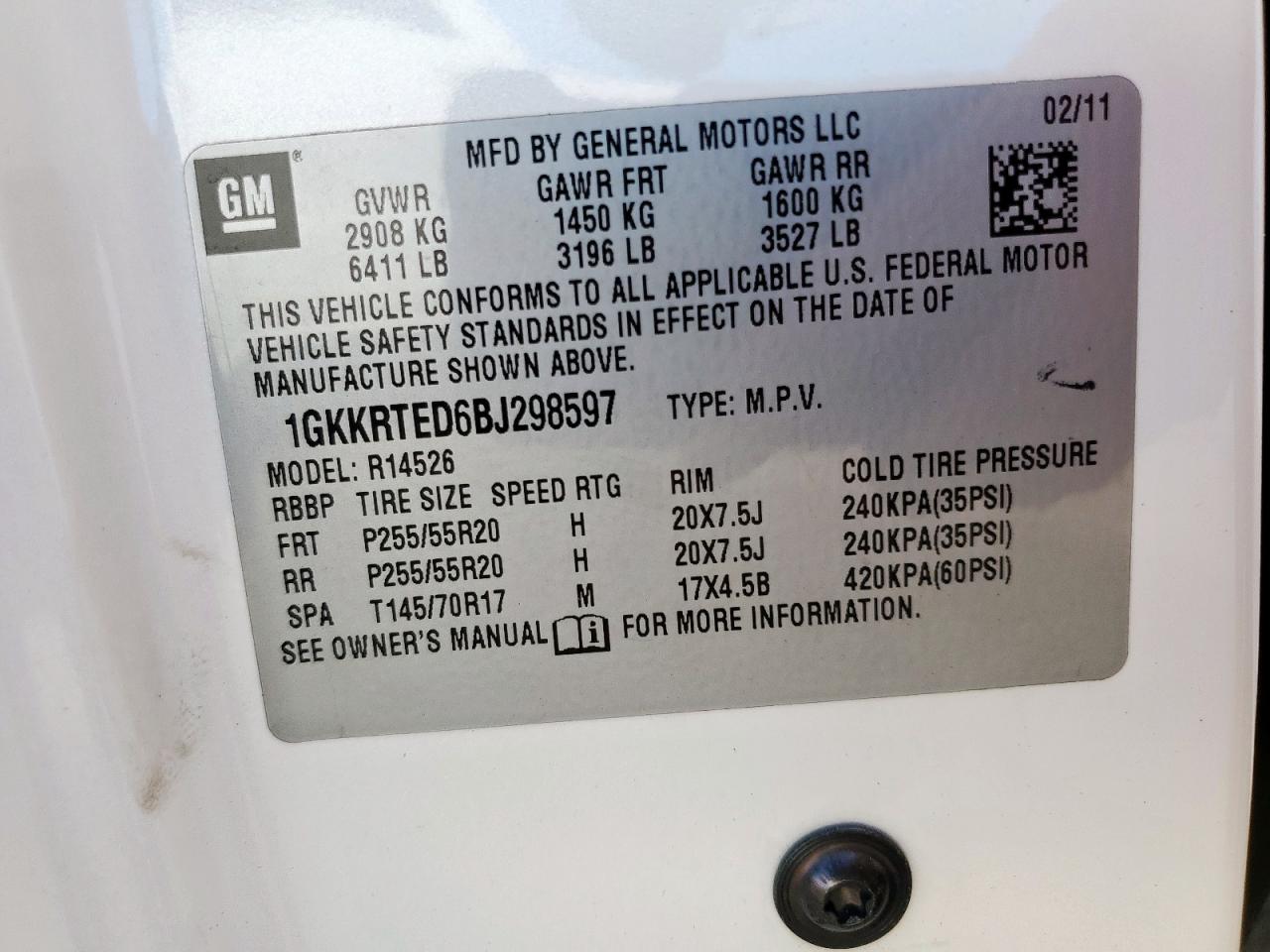 2011 GMC Acadia Denali VIN: 1GKKRTED6BJ298597 Lot: 65953555