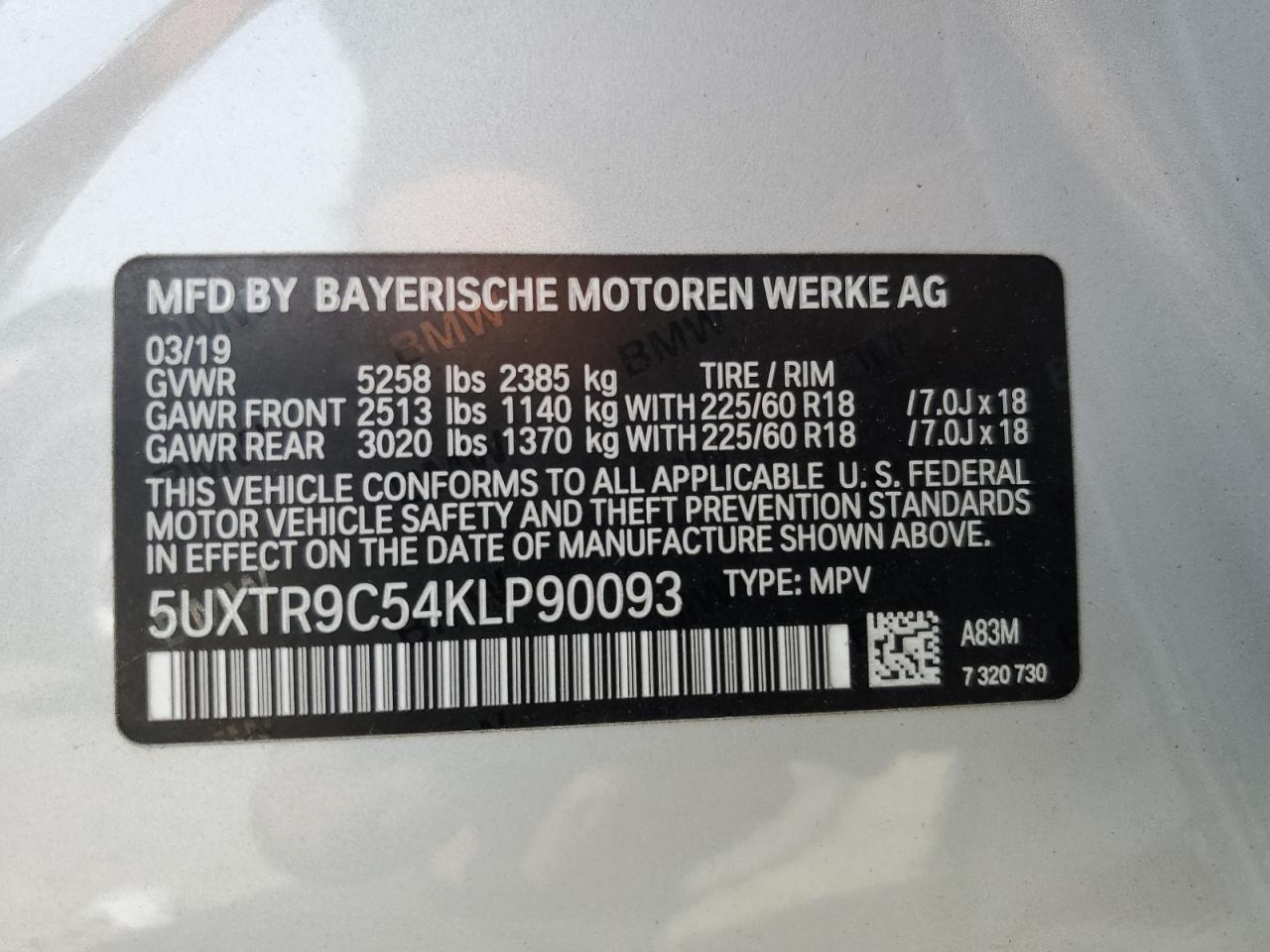 2019 BMW X3 xDrive30I VIN: 5UXTR9C54KLP90093 Lot: 65417215