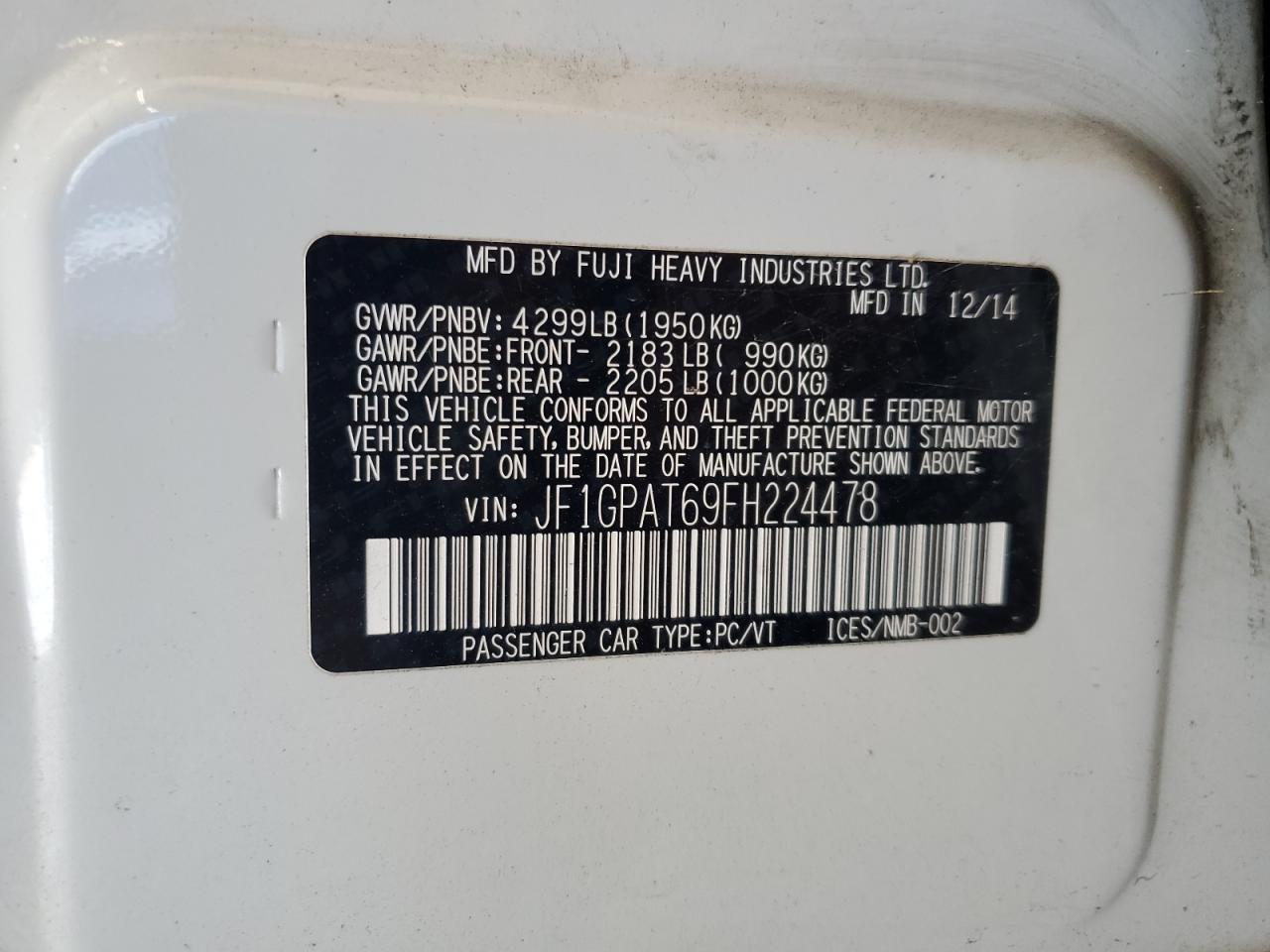 2015 Subaru Impreza Sport VIN: JF1GPAT69FH224478 Lot: 62339525