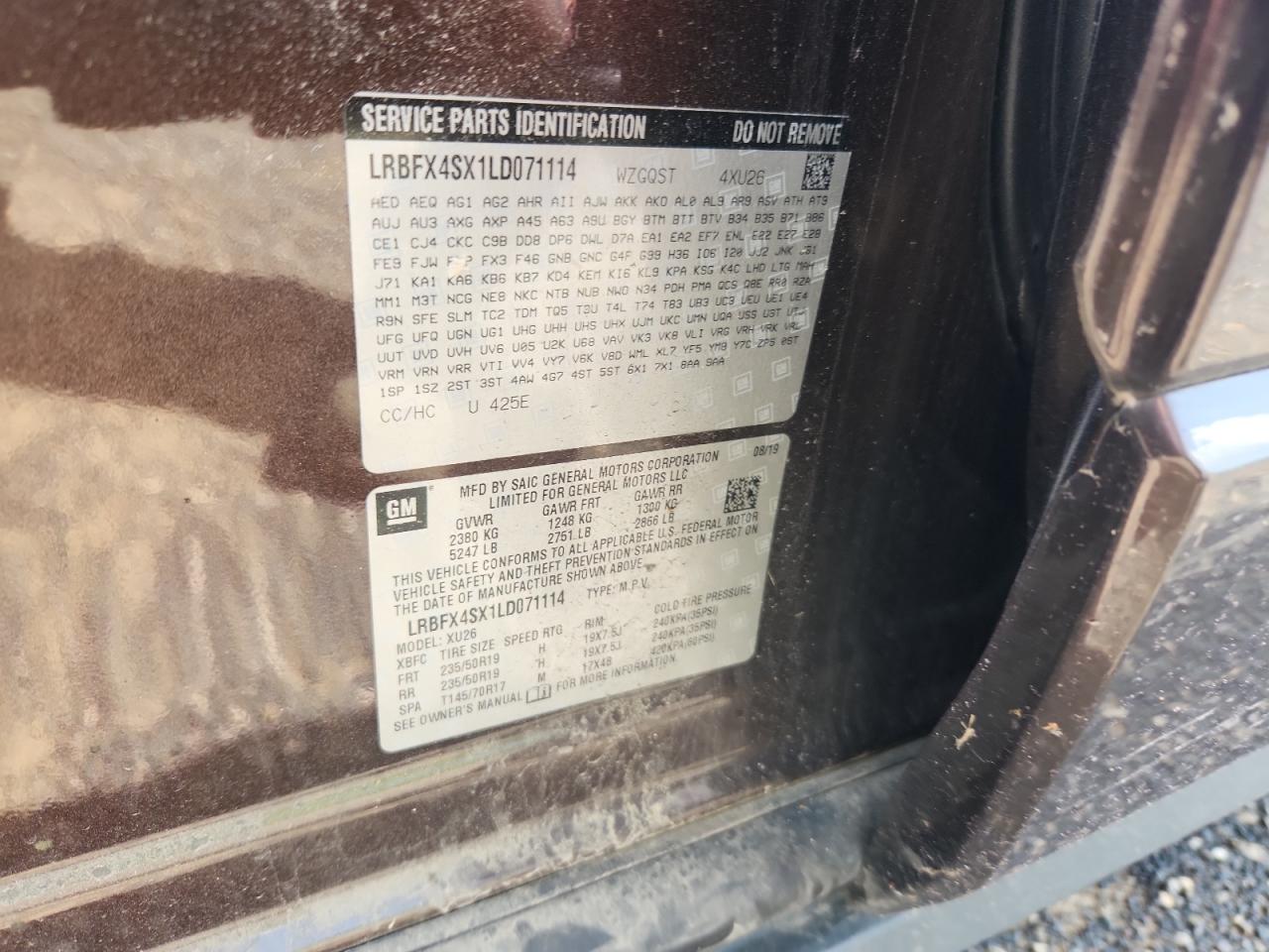 2020 Buick Envision Premium Ii VIN: LRBFX4SX1LD071114 Lot: 64971945