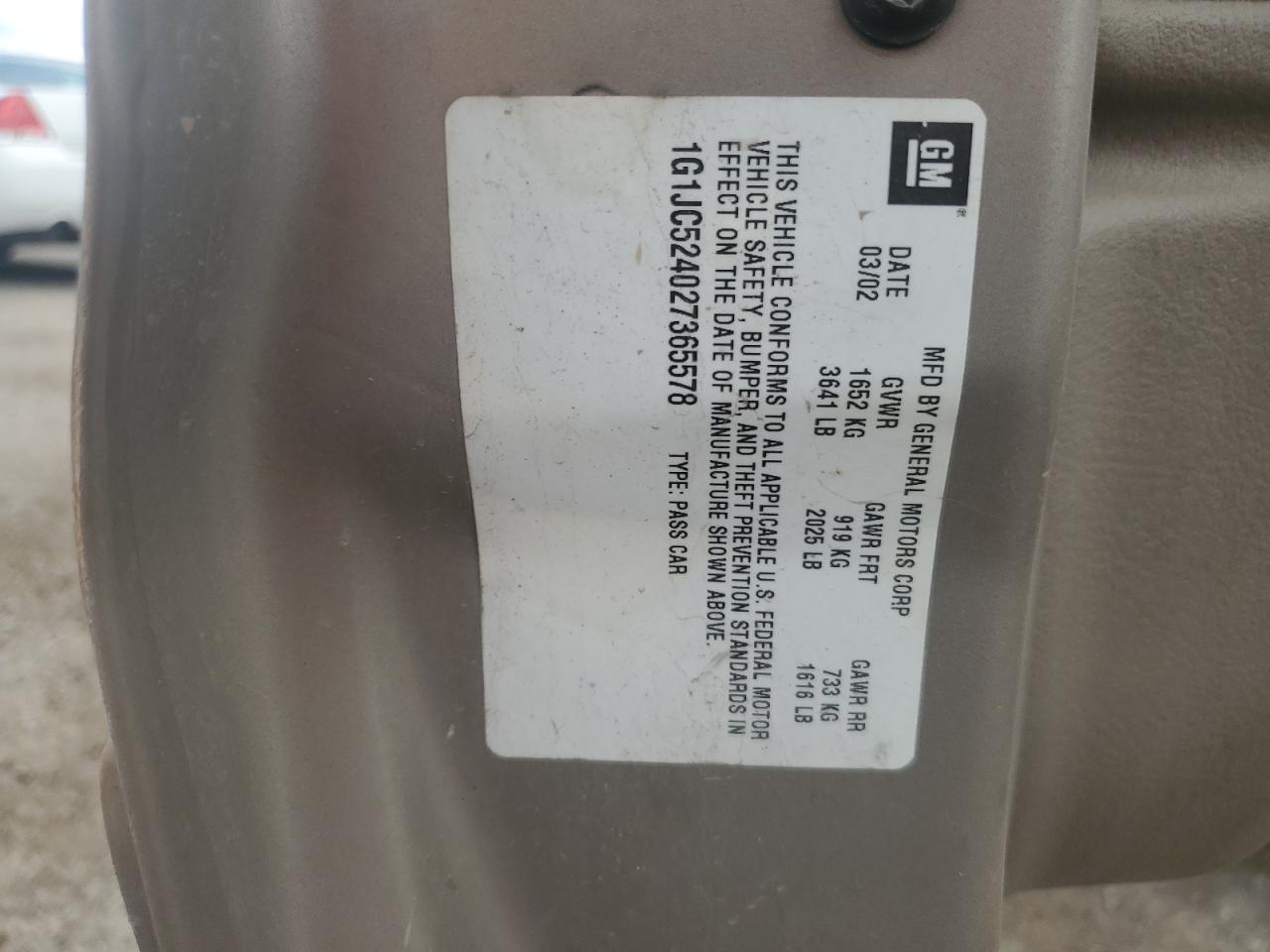 1g1jc524027365578 1G1JC524027365578 2002 Chevrolet Cavalier Base