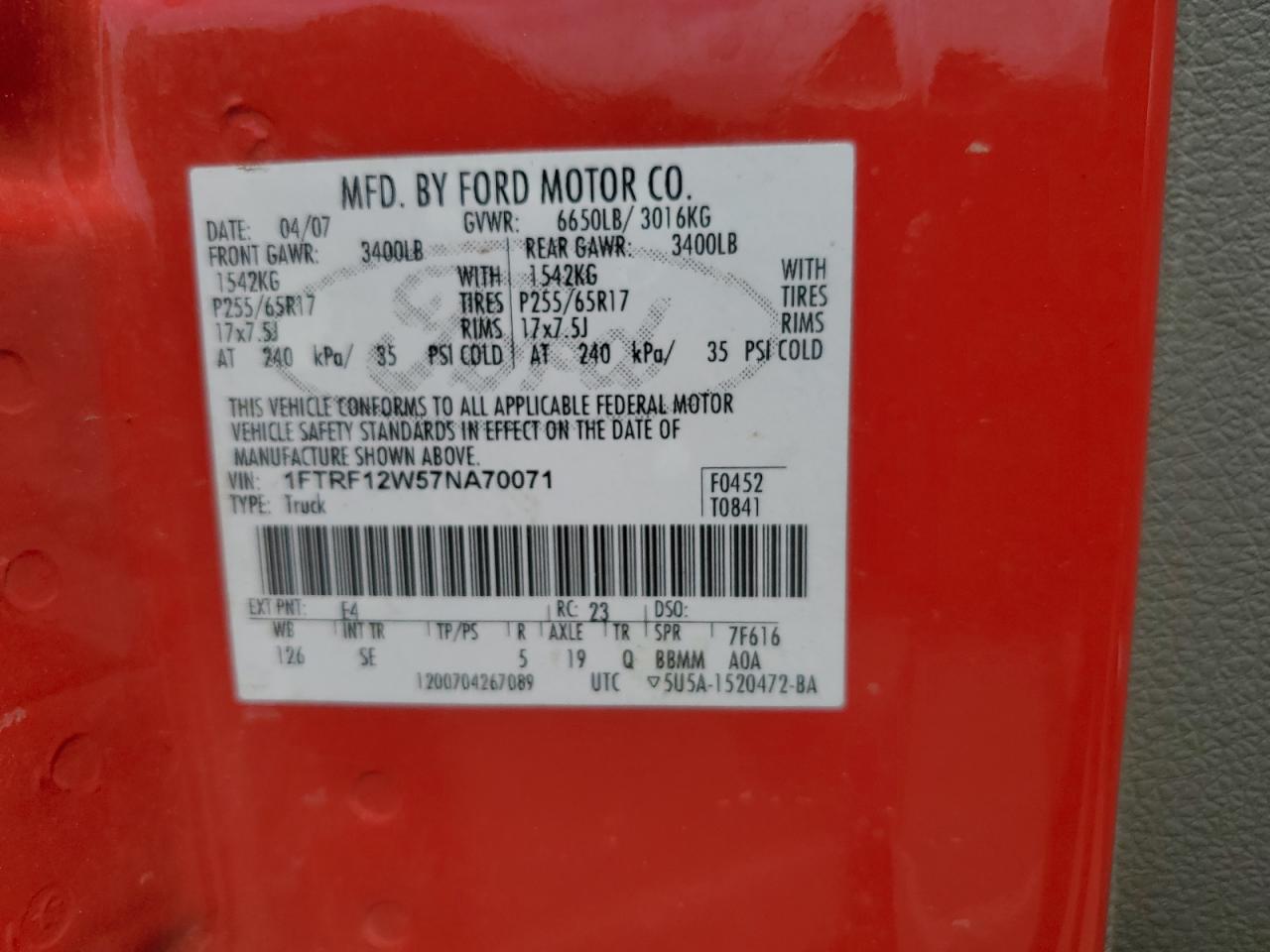 2007 Ford F150 VIN: 1FTRF12W57NA70071 Lot: 65145915