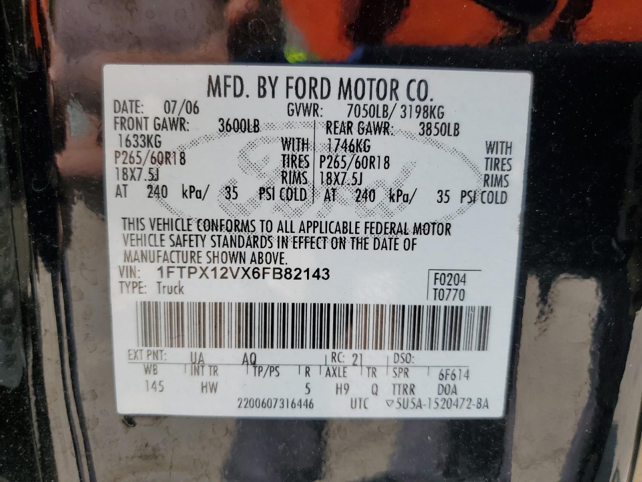 2006 Ford F150 VIN: 1FTPX12VX6FB82143 Lot: 64808715