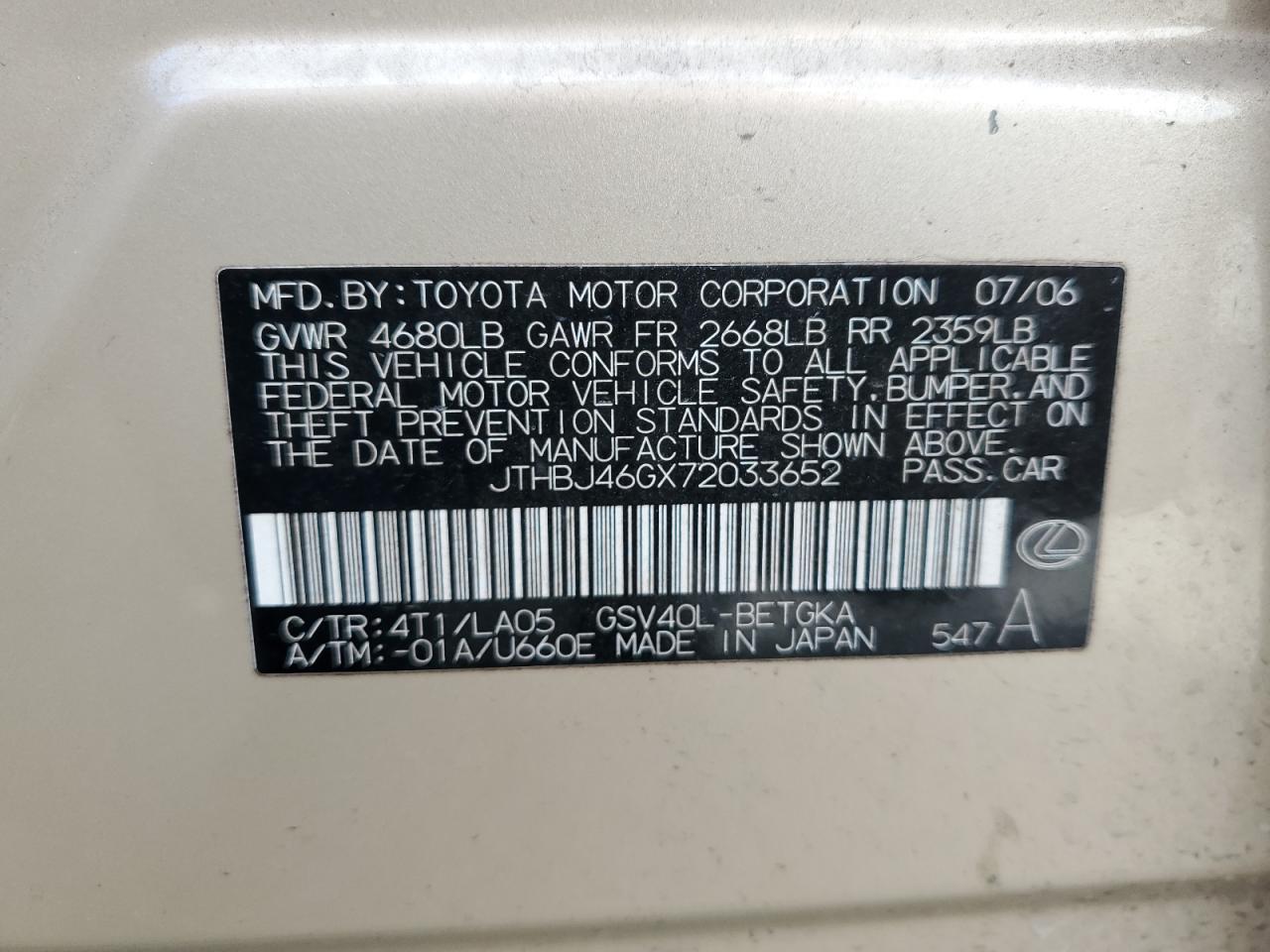 2007 Lexus Es 350 VIN: JTHBJ46GX72033652 Lot: 64421115