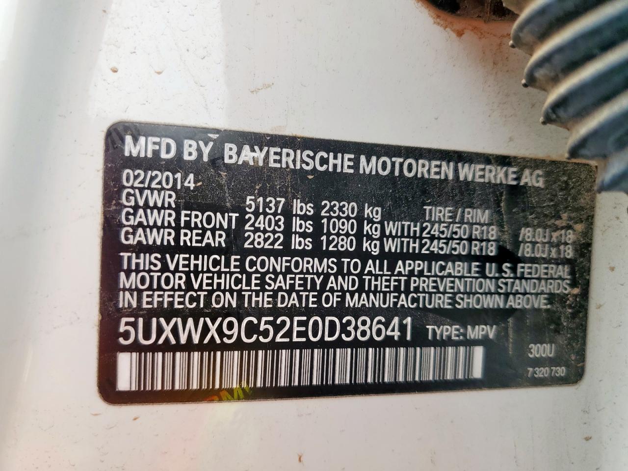 2014 BMW X3 xDrive28I VIN: 5UXWX9C52E0D38641 Lot: 63001075