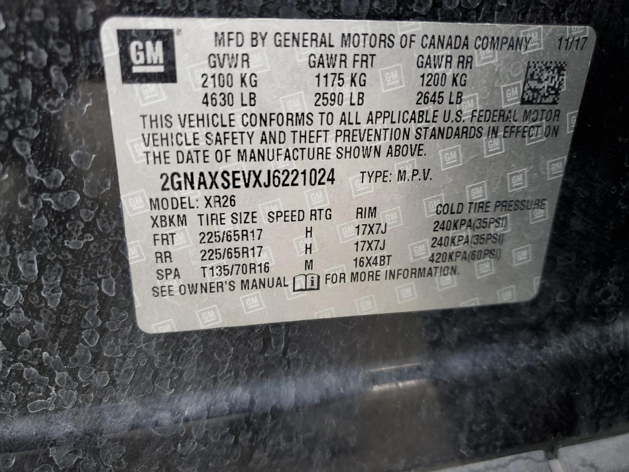 2018 Chevrolet Equinox Lt VIN: 2GNAXSEVXJ6221024 Lot: 65813505