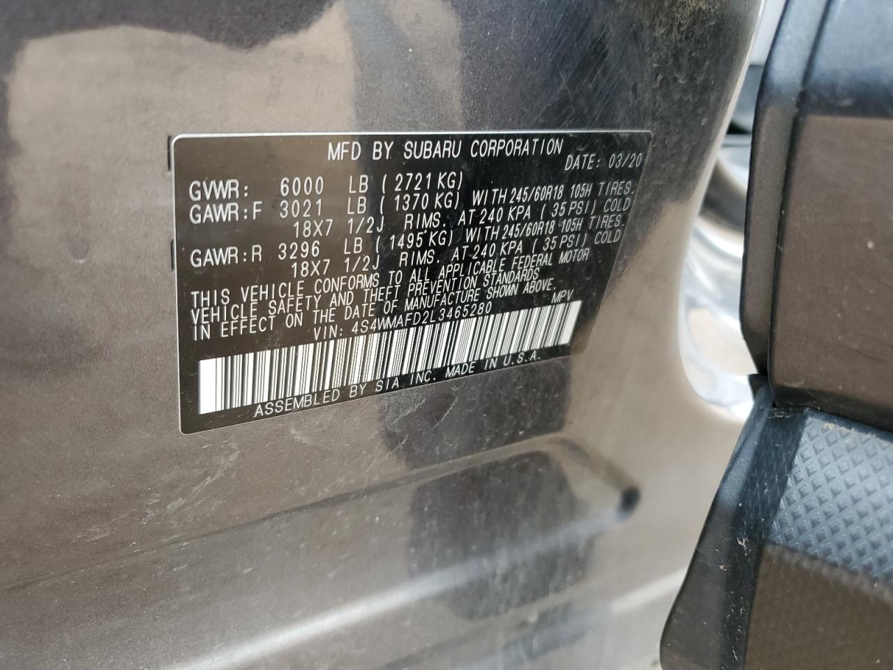 2020 Subaru Ascent Premium VIN: 4S4WMAFD2L3465280 Lot: 64398705