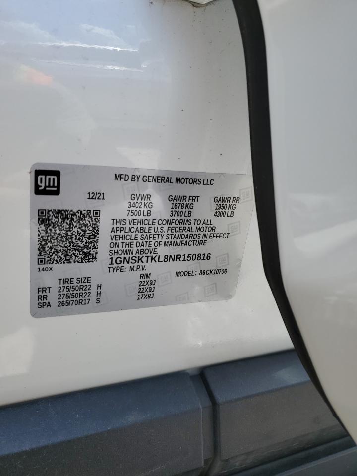2022 Chevrolet Tahoe K1500 High Country VIN: 1GNSKTKL8NR150816 Lot: 65007375
