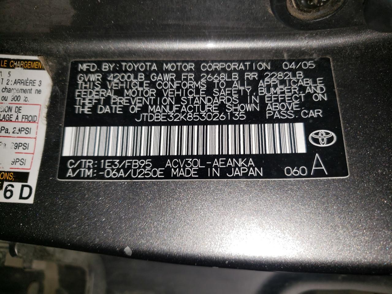 2005 Toyota Camry Le VIN: JTDBE32K853026135 Lot: 63873555
