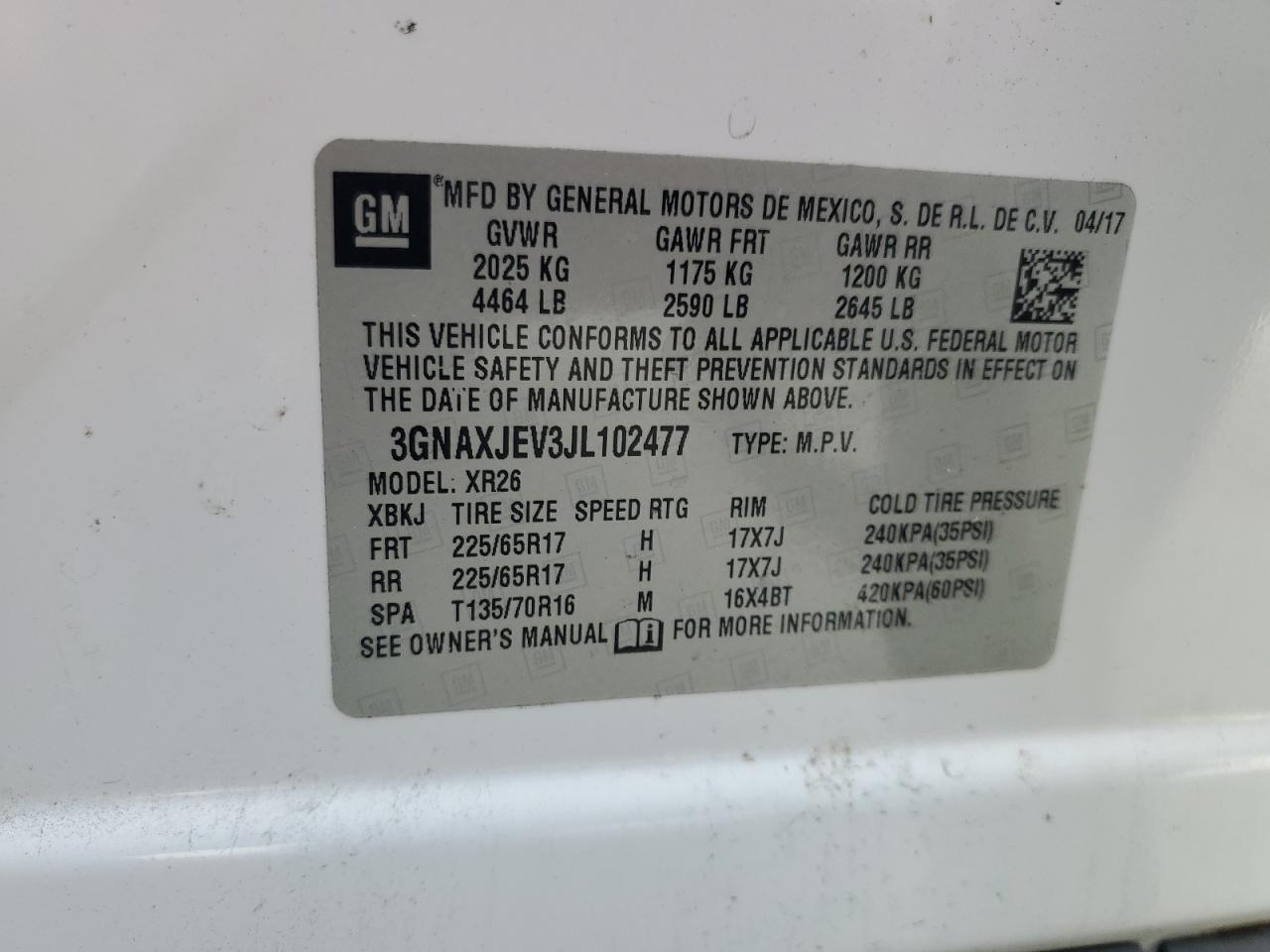 2018 Chevrolet Equinox Lt VIN: 3GNAXJEV3JL102477 Lot: 65248685