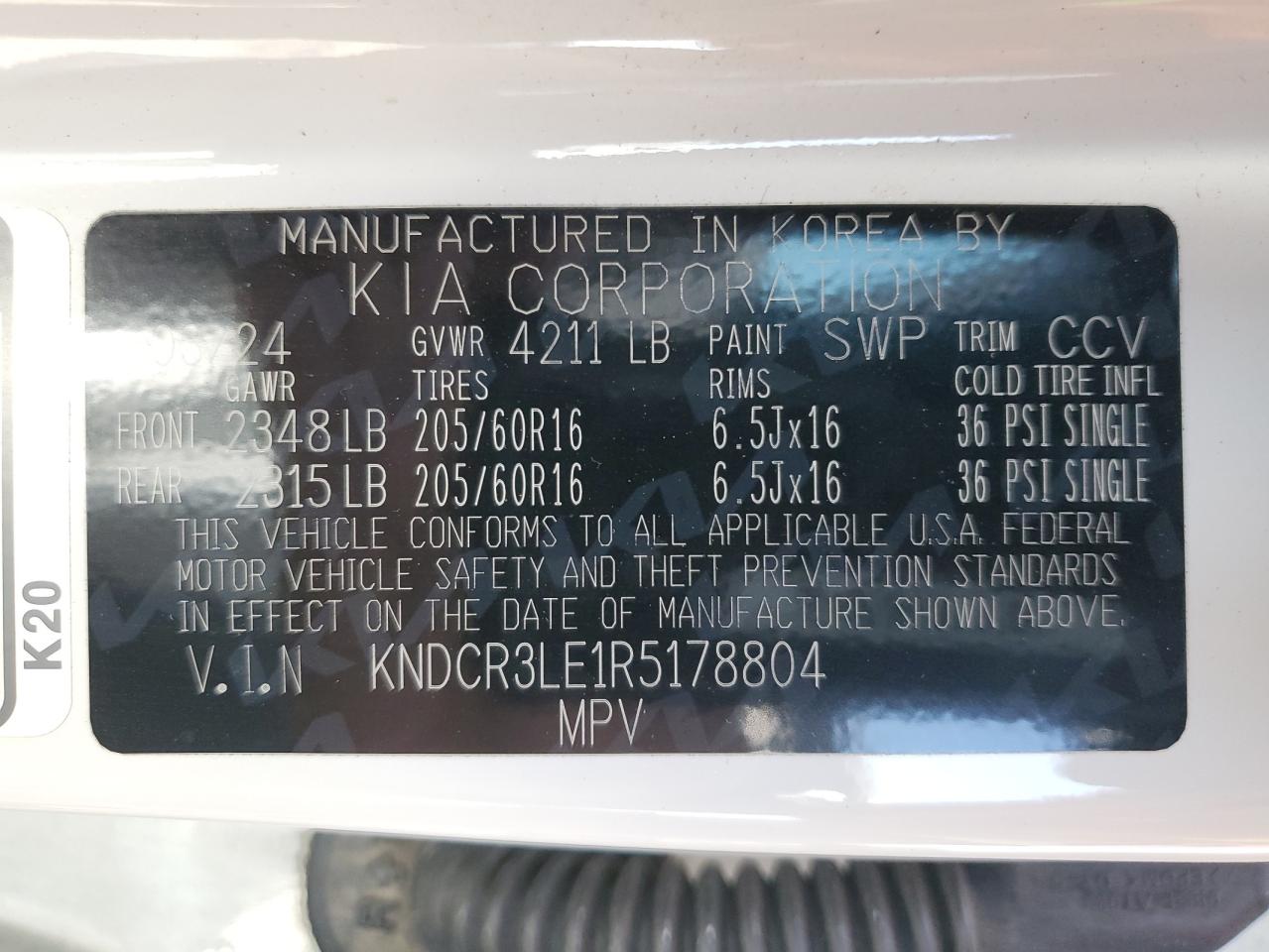 2024 Kia Niro Ex VIN: KNDCR3LE1R5178804 Lot: 63209945