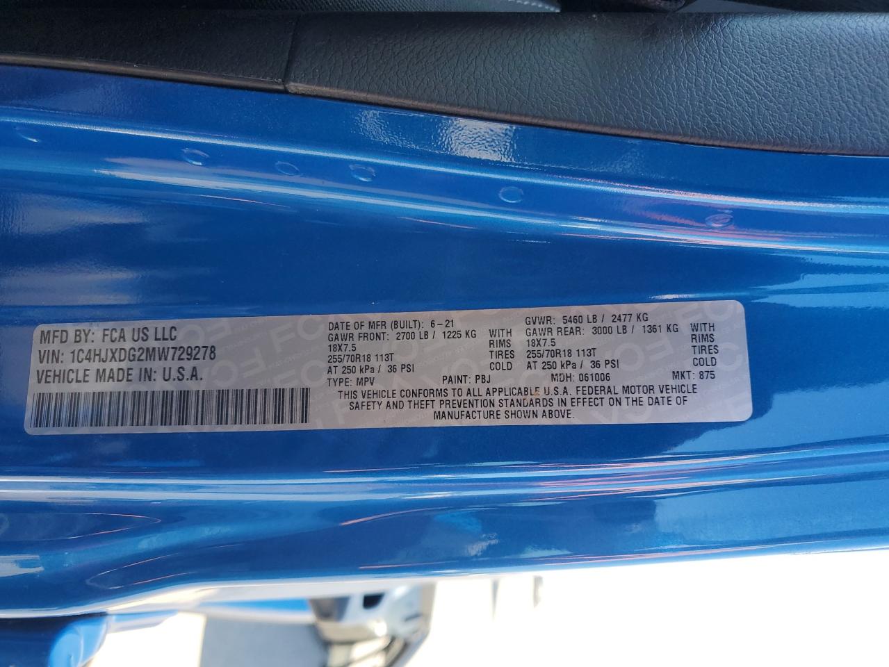 2021 Jeep Wrangler Unlimited Sport VIN: 1C4HJXDG2MW729278 Lot: 65081335