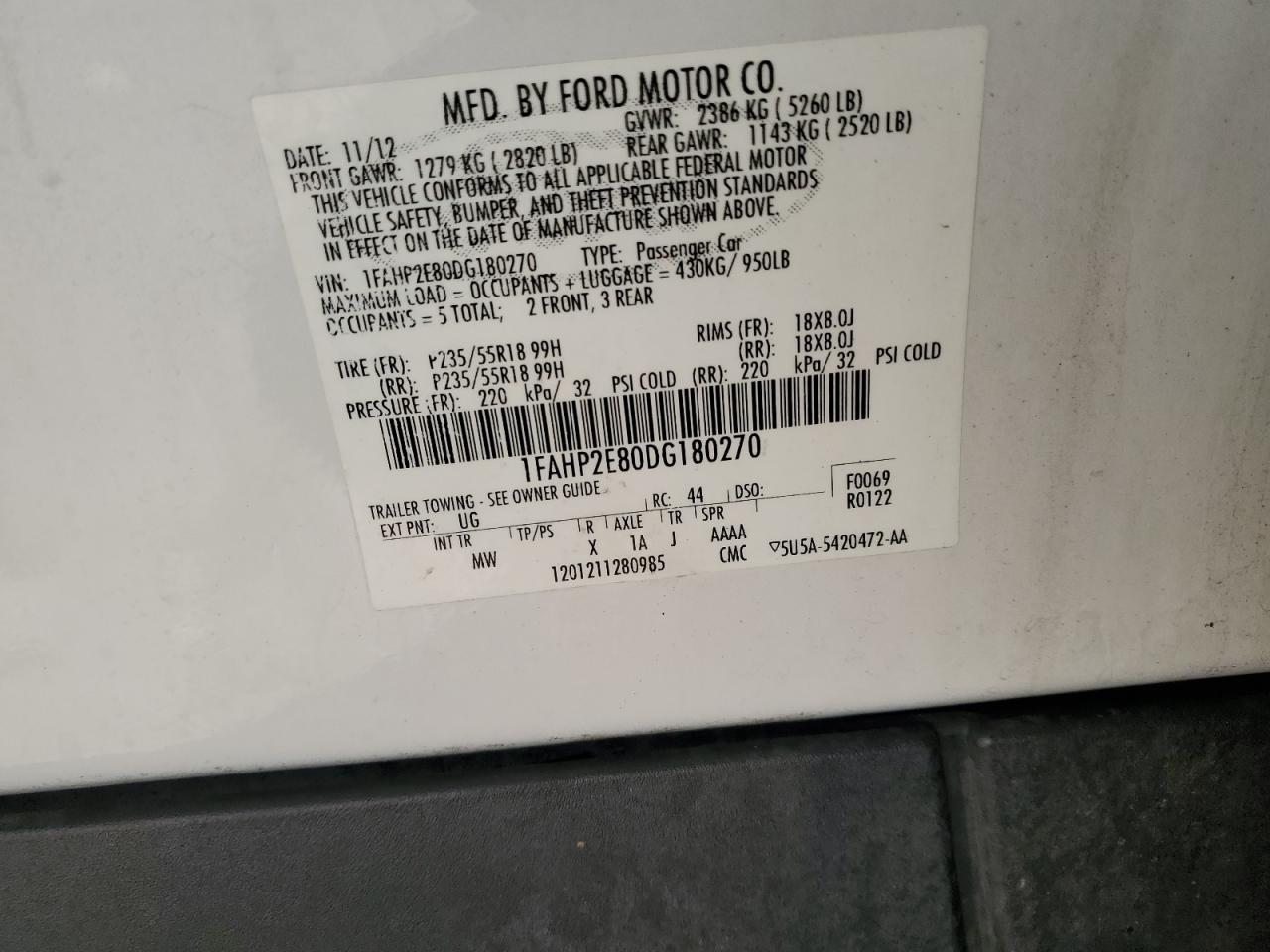 2013 Ford Taurus Sel VIN: 1FAHP2E8ODG180270 Lot: 65852635