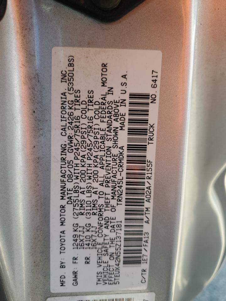 2005 Toyota Tacoma Access Cab VIN: 5TEUX42N55Z137181 Lot: 64246875