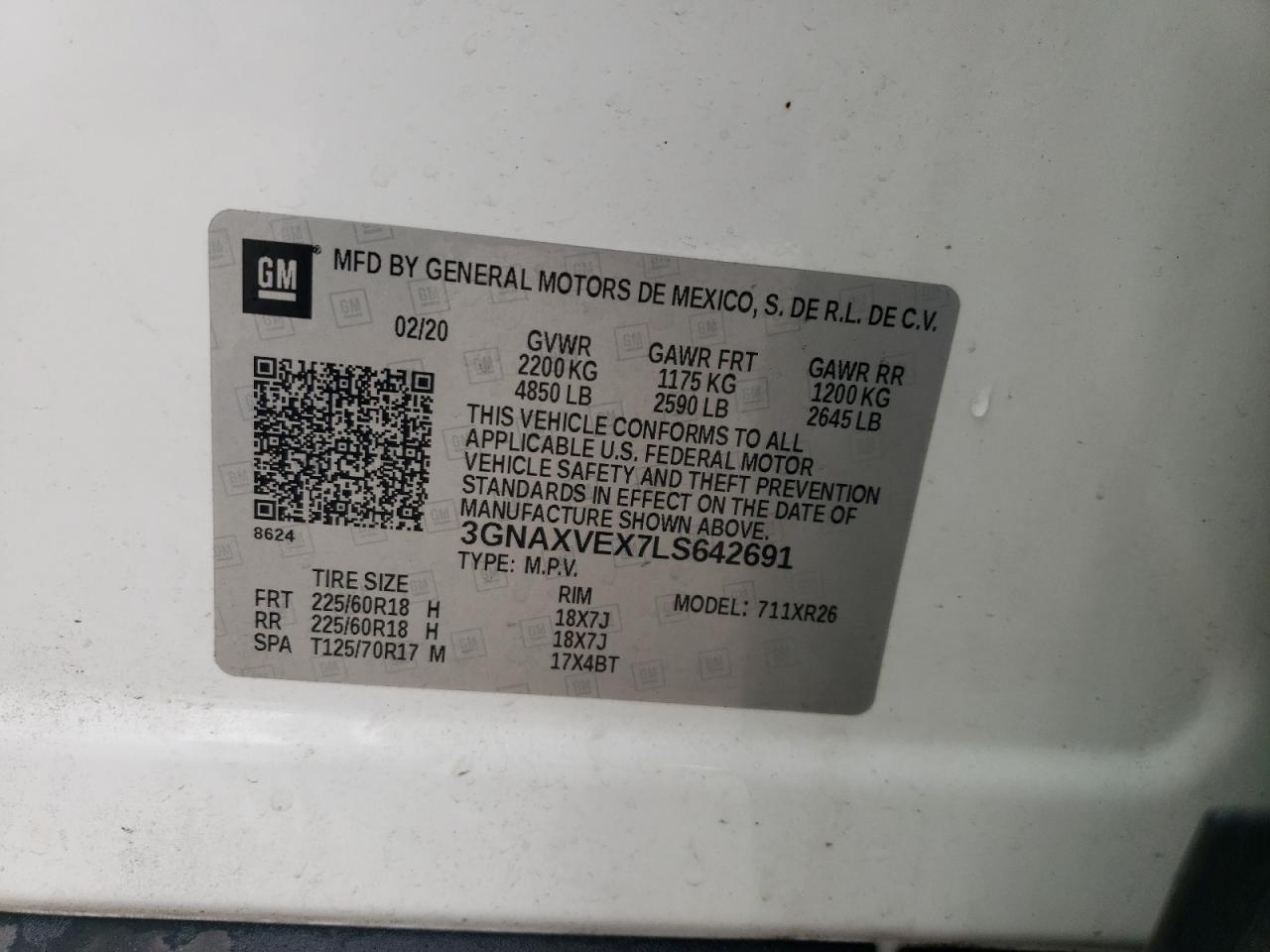 2020 Chevrolet Equinox Lt VIN: 3GNAXVEX7LS642691 Lot: 65082515