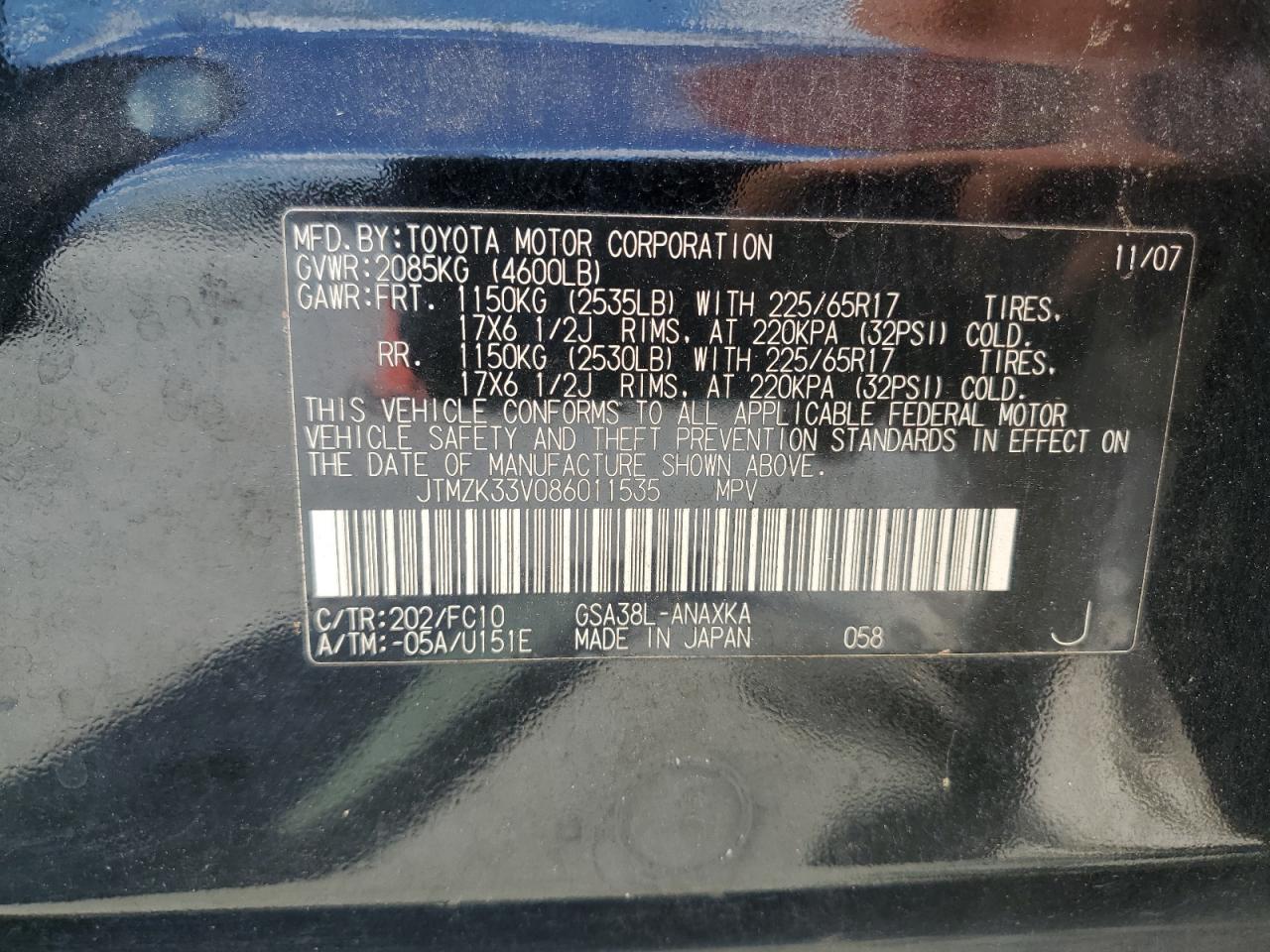 2008 Toyota Rav4 VIN: JTMZK33V086011535 Lot: 65593345