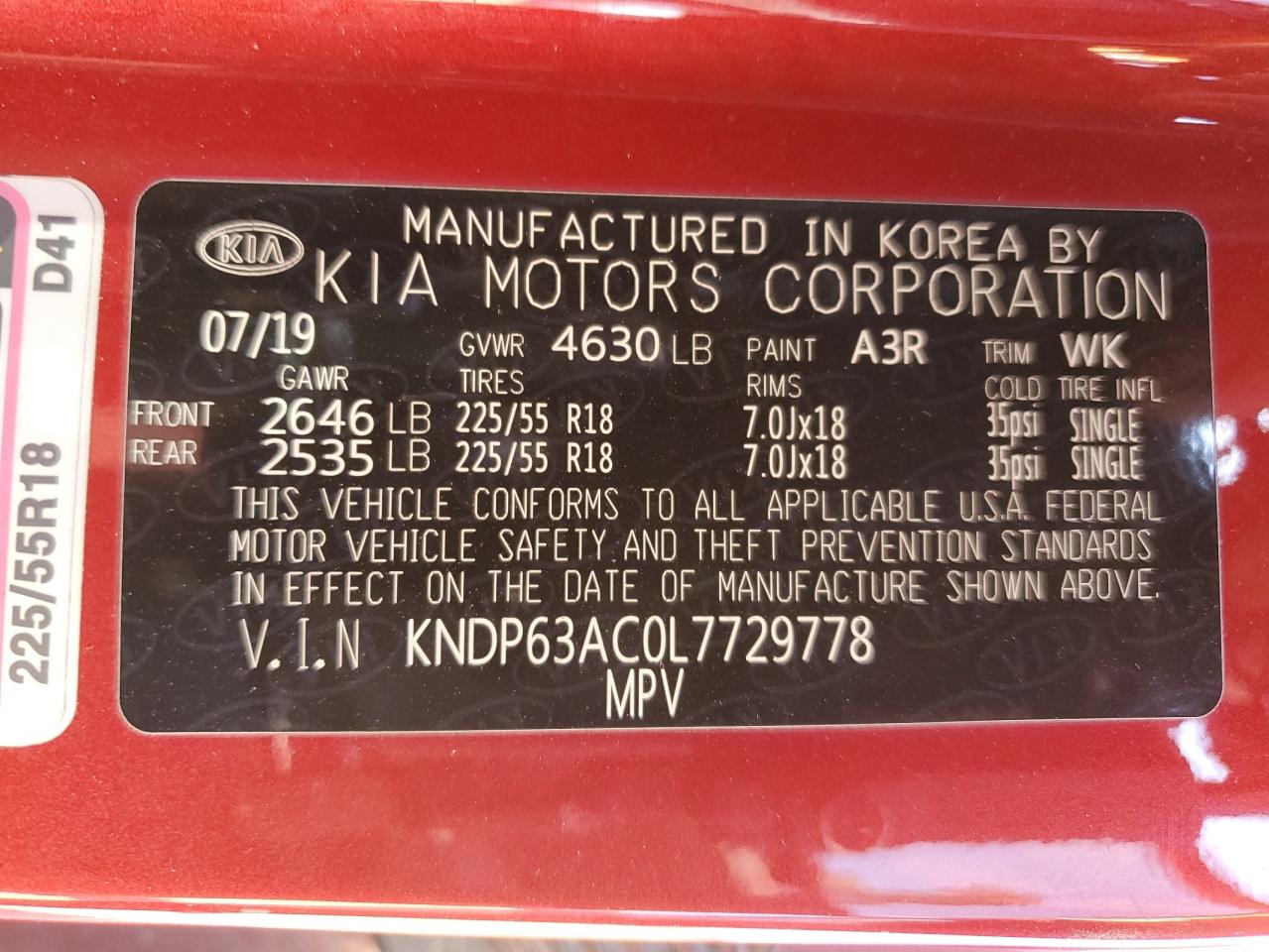 KNDP63AC0L7729778 2020 Kia Sportage S