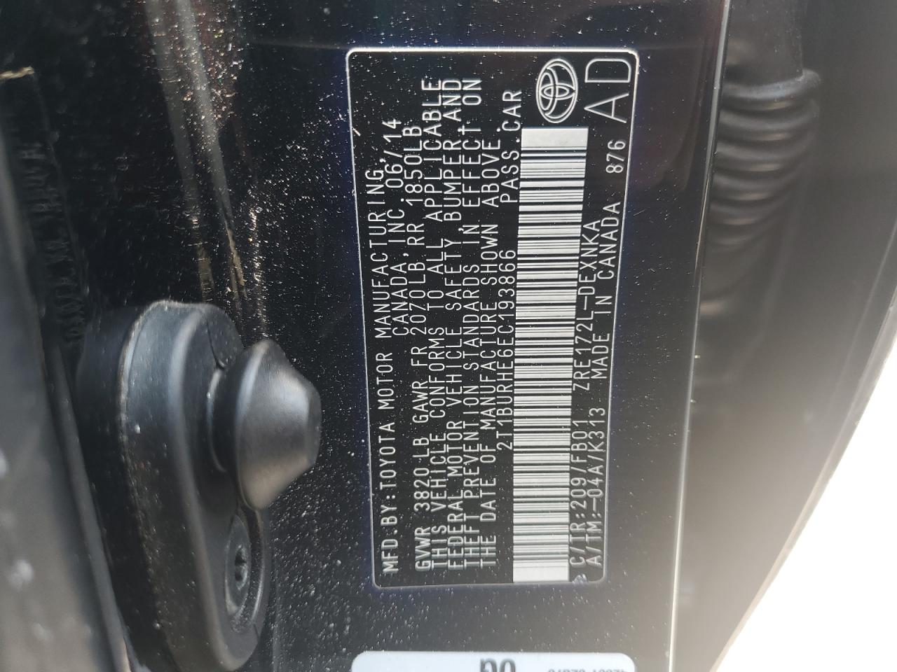 2014 Toyota Corolla L VIN: 2T1BURHE6EC193866 Lot: 66290255