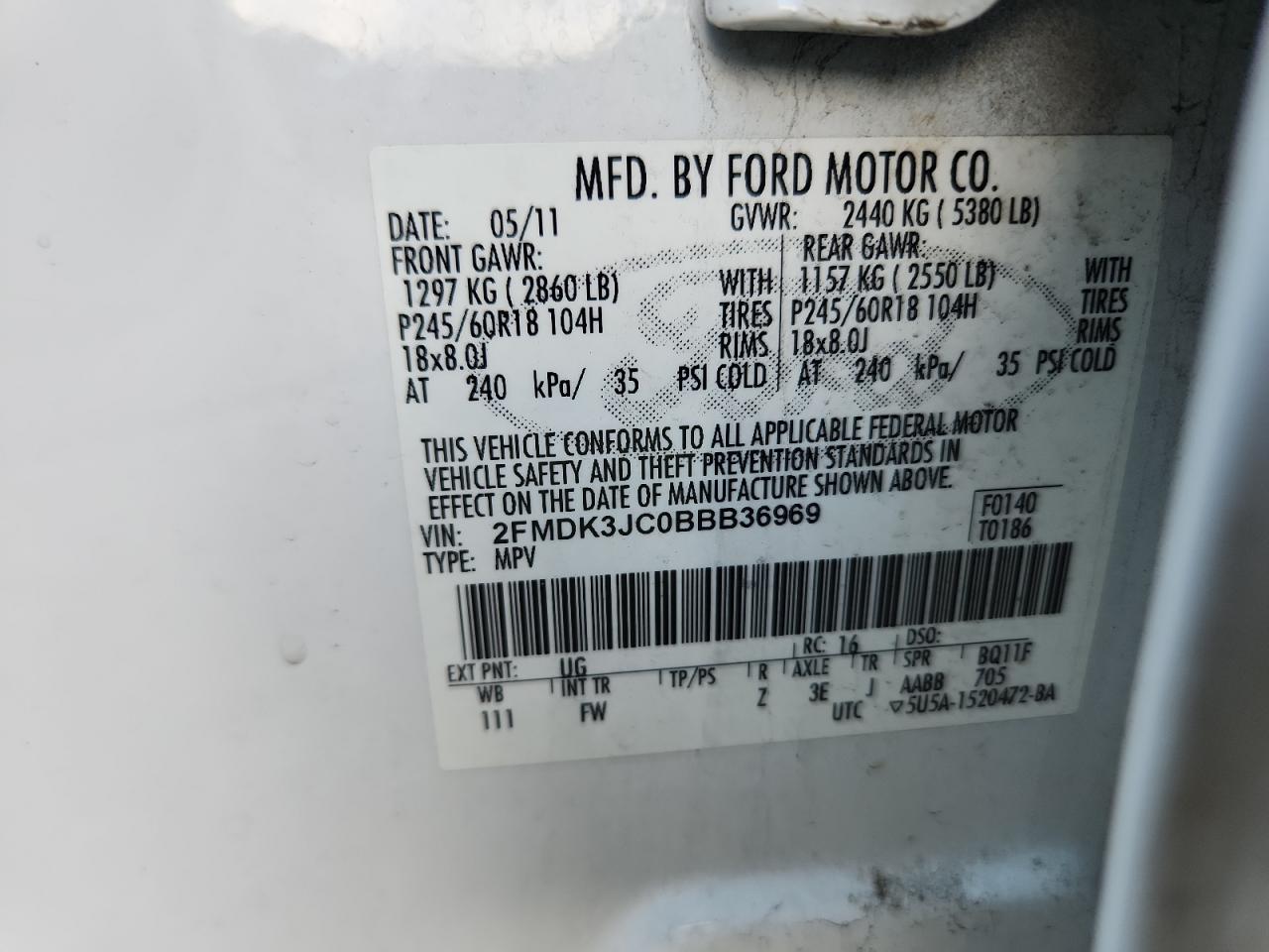 2011 Ford Edge Sel VIN: 2FMDK3JC0BBB36969 Lot: 65115305