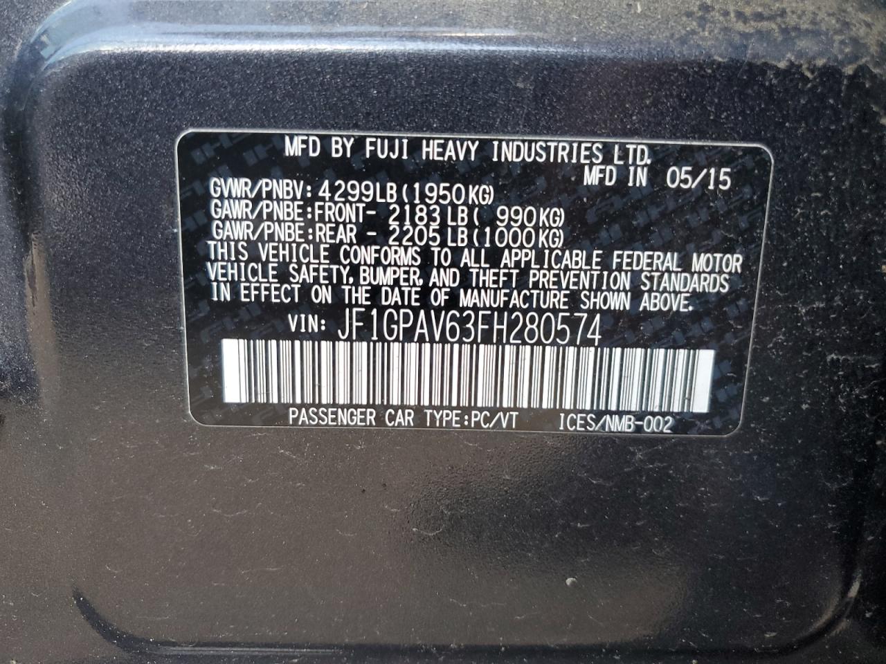 2015 Subaru Impreza Sport Limited VIN: JF1GPAV63FH280574 Lot: 63810005