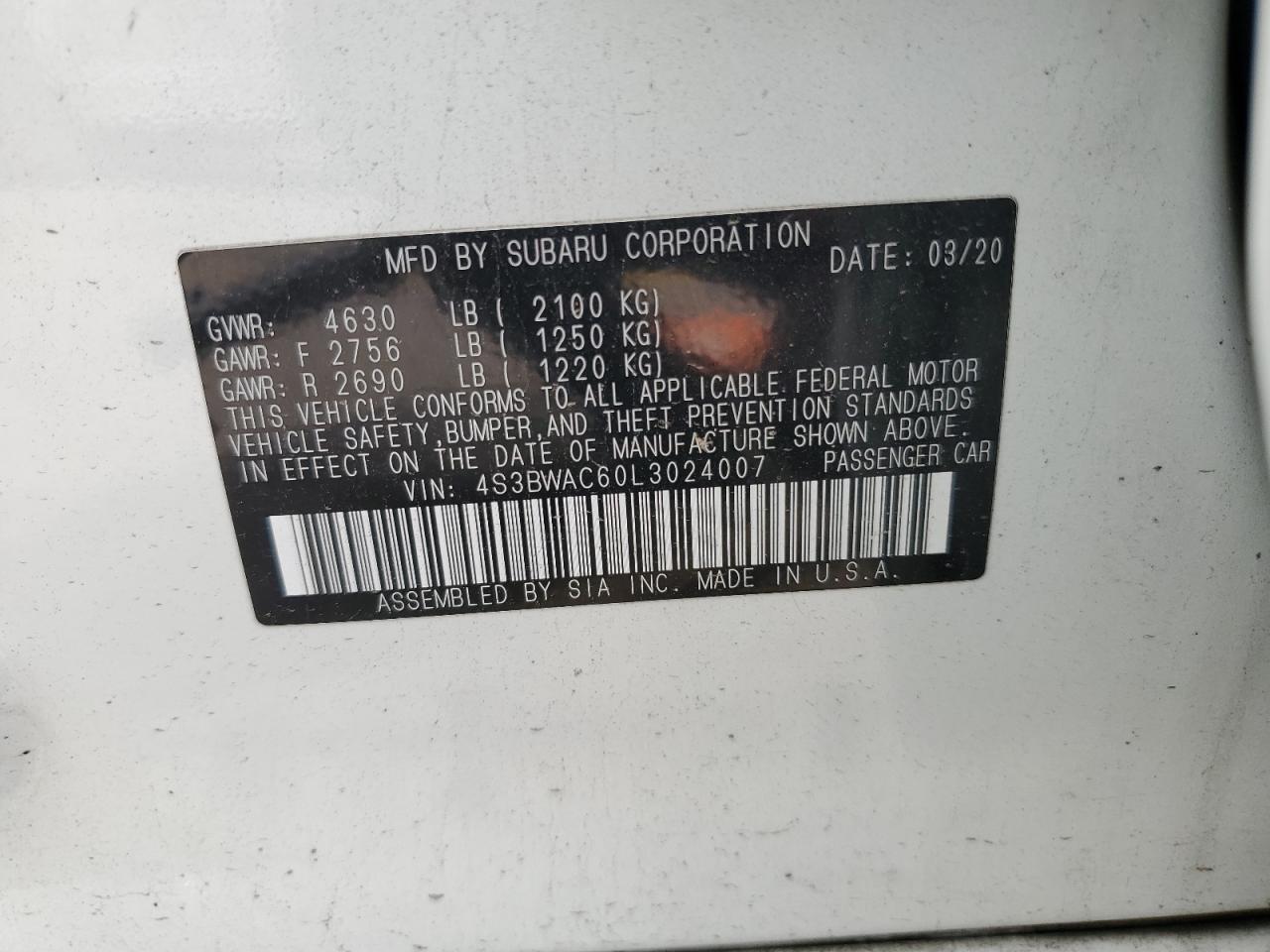 2020 Subaru Legacy Premium VIN: 4S3BWAC60L3024007 Lot: 64989215