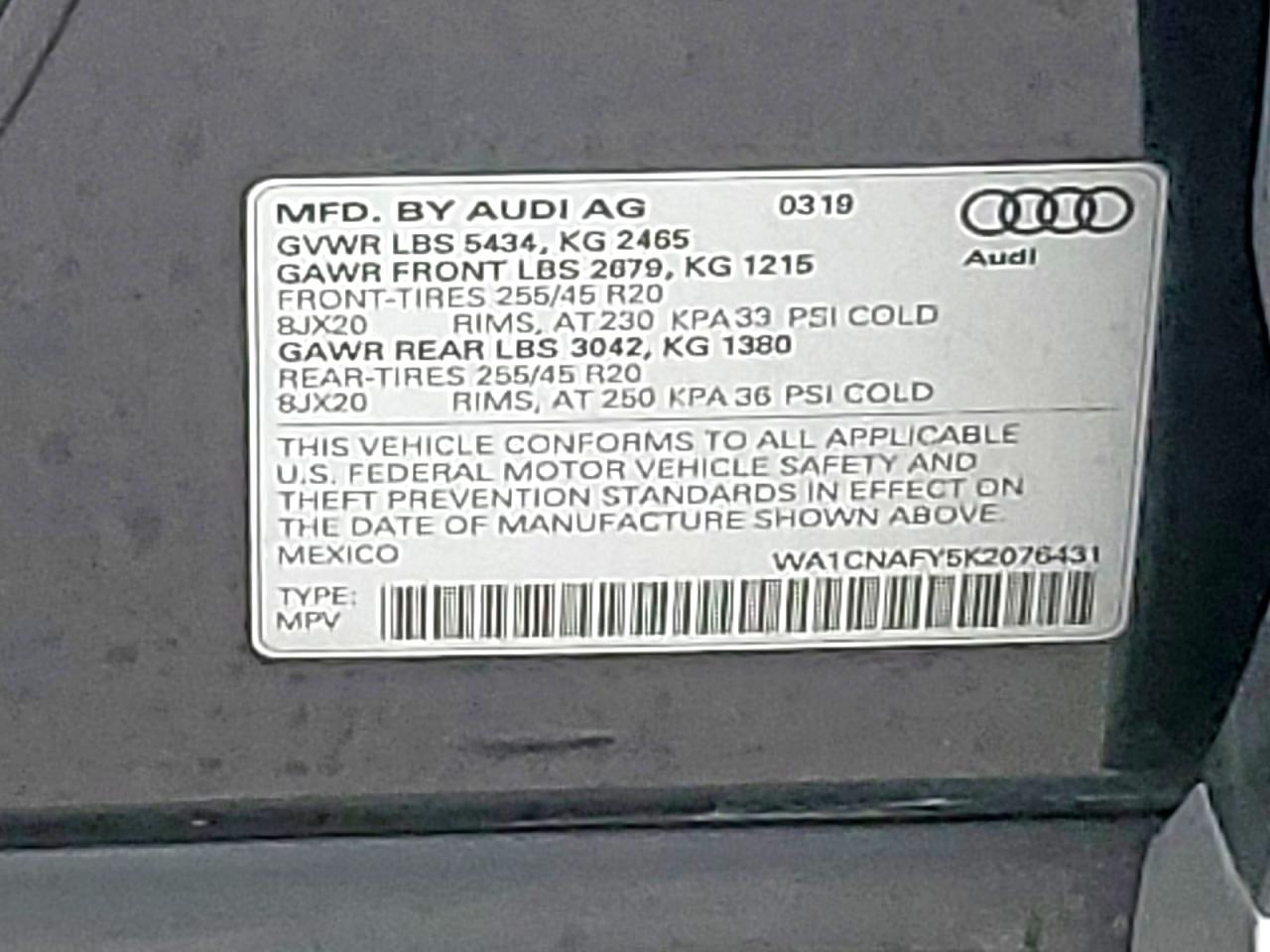 2019 Audi Q5 Prestige VIN: WA1CNAFY5K2076431 Lot: 65071245