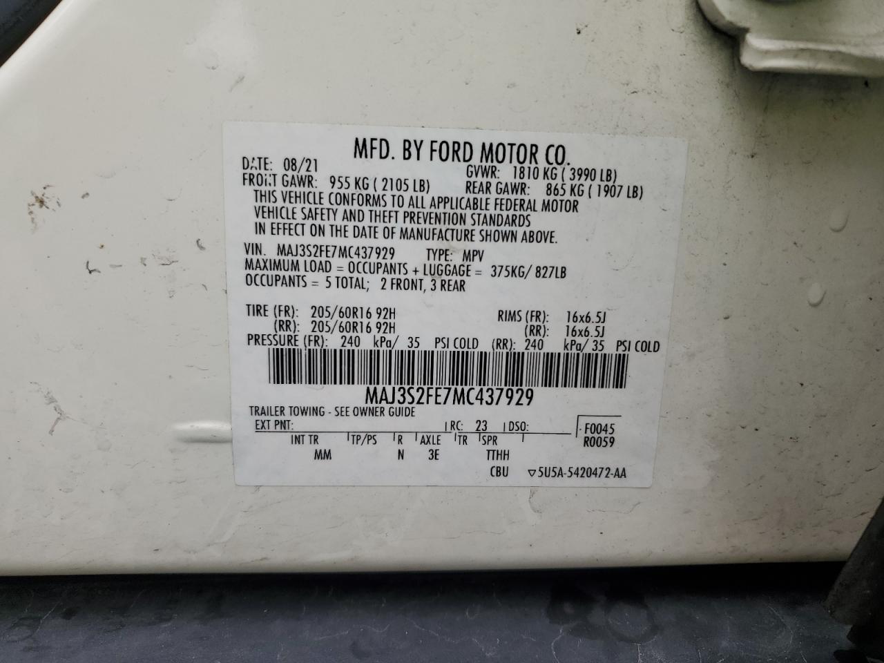 2021 Ford Ecosport S VIN: MAJ3S2FE7MC437929 Lot: 64711575