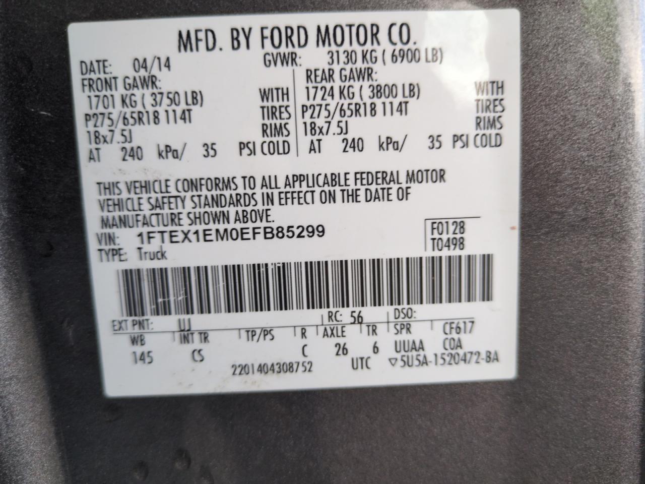 2014 Ford F150 Super Cab VIN: 1FTEX1EM0EFB85299 Lot: 65006155