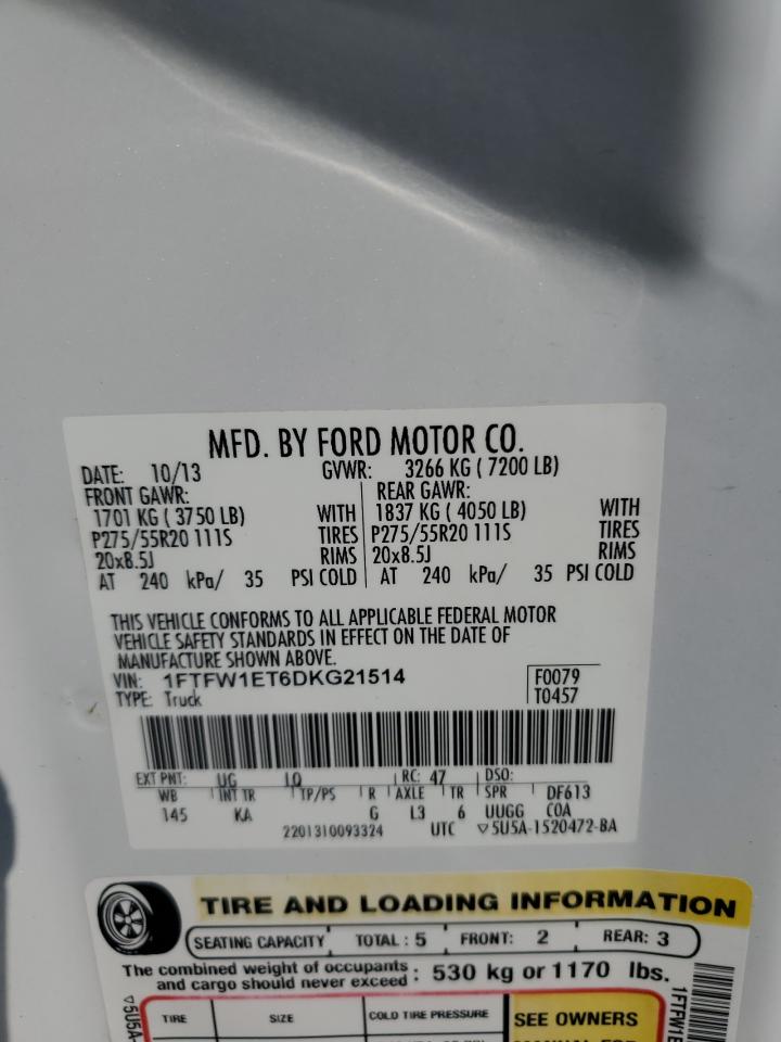 2013 Ford F150 Supercrew VIN: 1FTFW1ET6DKG21514 Lot: 65131365