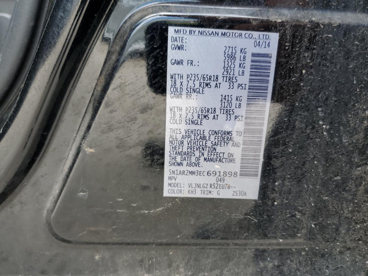 2014 Nissan Pathfinder S VIN: 5N1AR2MM3EC691898 Lot: 65039355