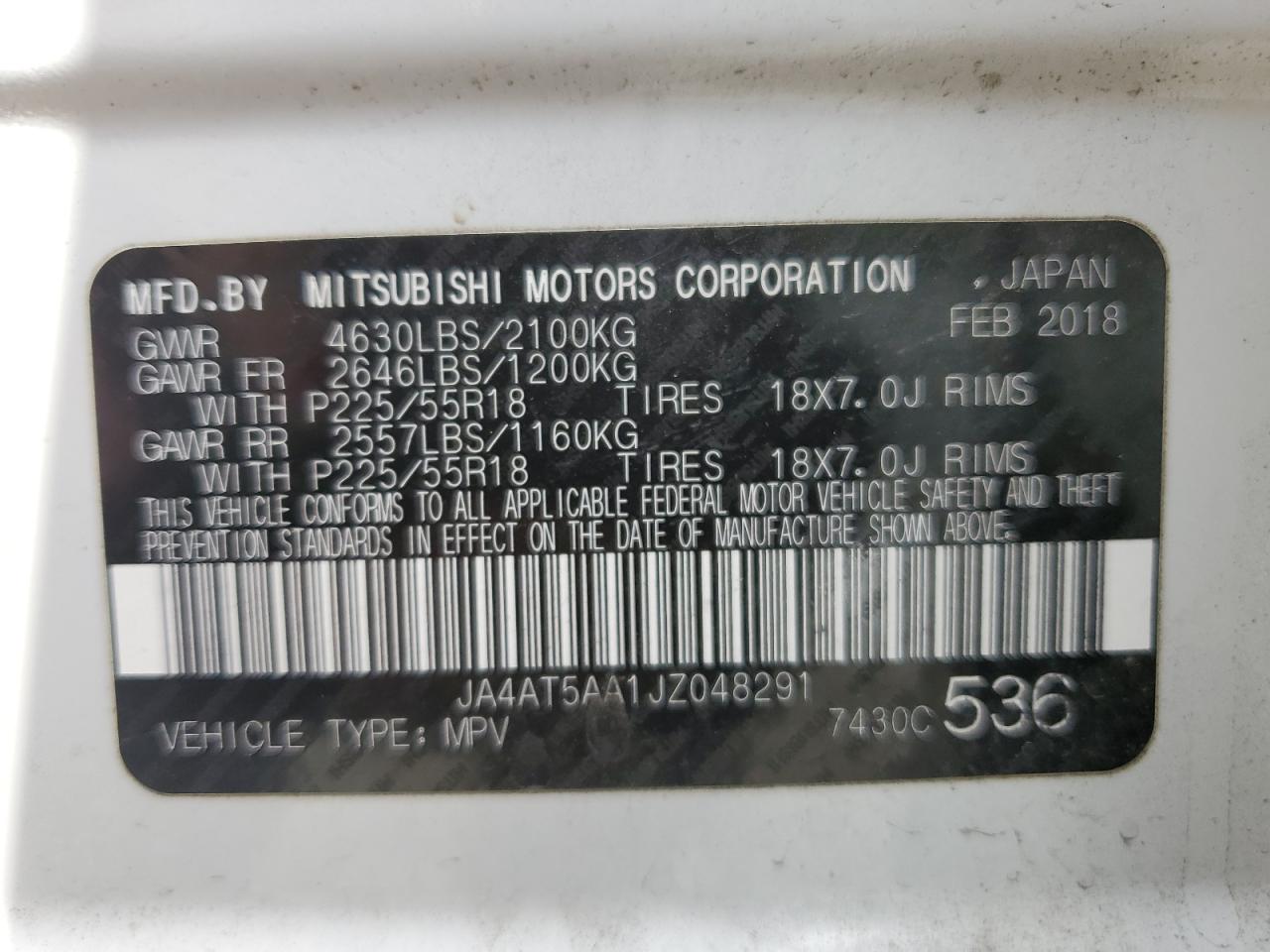 2018 Mitsubishi Eclipse Cross Se VIN: JA4AT5AA1JZ048291 Lot: 64179865