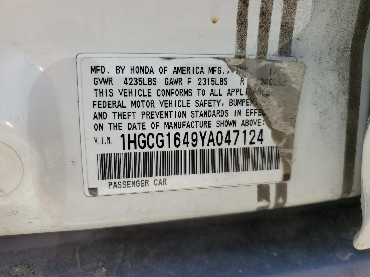 2000 Honda Accord Lx VIN: 1HGCG1649YA047124 Lot: 50738015
