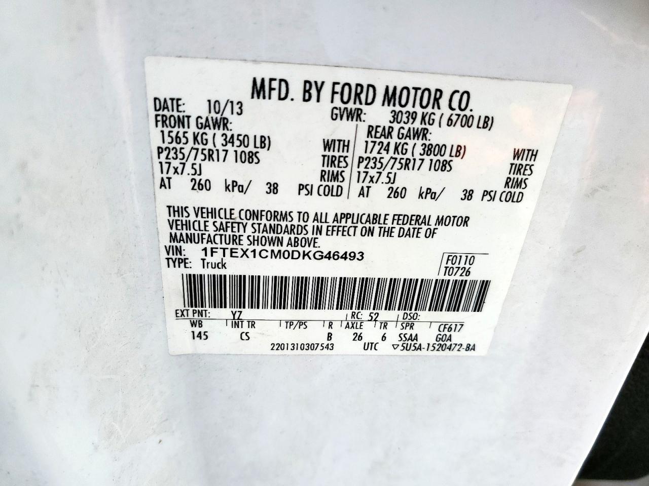 2013 Ford F150 Super Cab VIN: 1FTEX1CM0DKG46493 Lot: 63486515