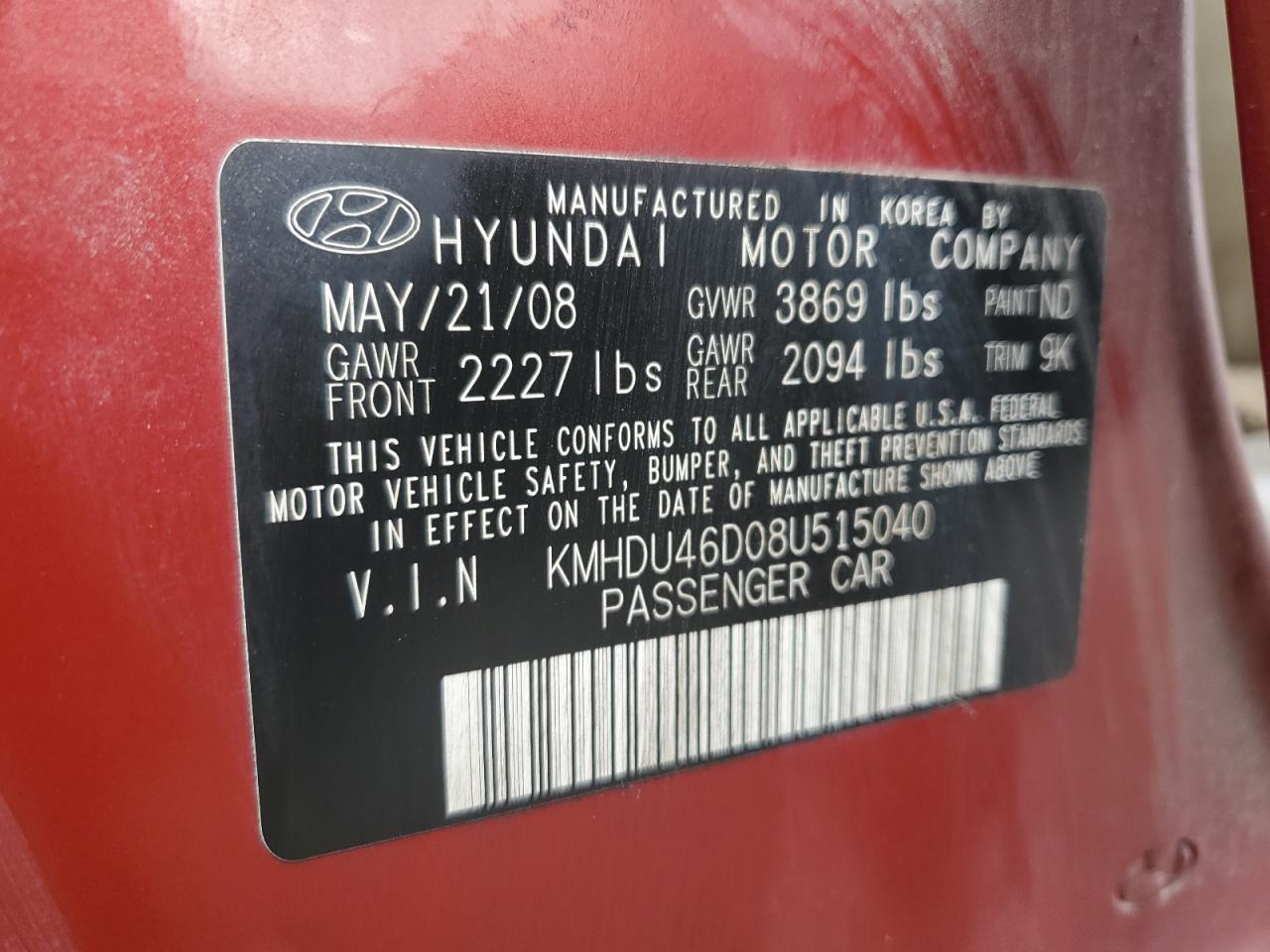 KMHDU46D08U515040 2008 Hyundai Elantra Gls