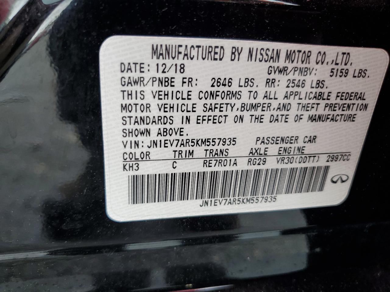 2019 Infiniti Q50 Luxe VIN: JN1EV7AR5KM557935 Lot: 62480605